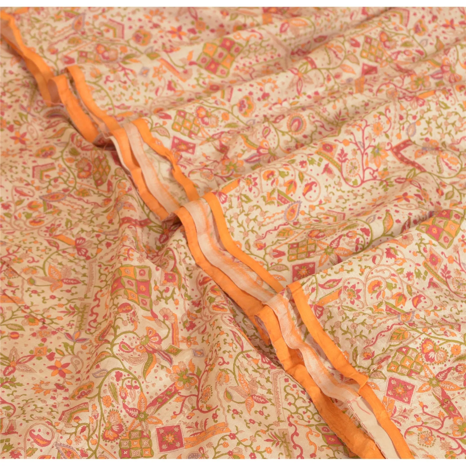 Sanskriti Vintage Sarees Cream/Orange Pure Silk Printed Sari Floral Craft Fabric