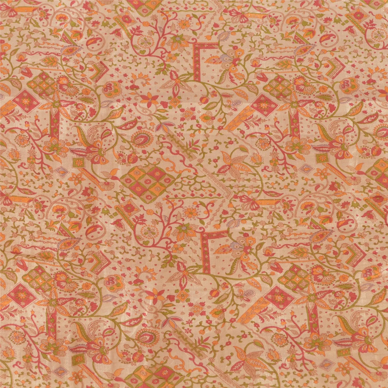 Sanskriti Vintage Sarees Cream/Orange Pure Silk Printed Sari Floral Craft Fabric