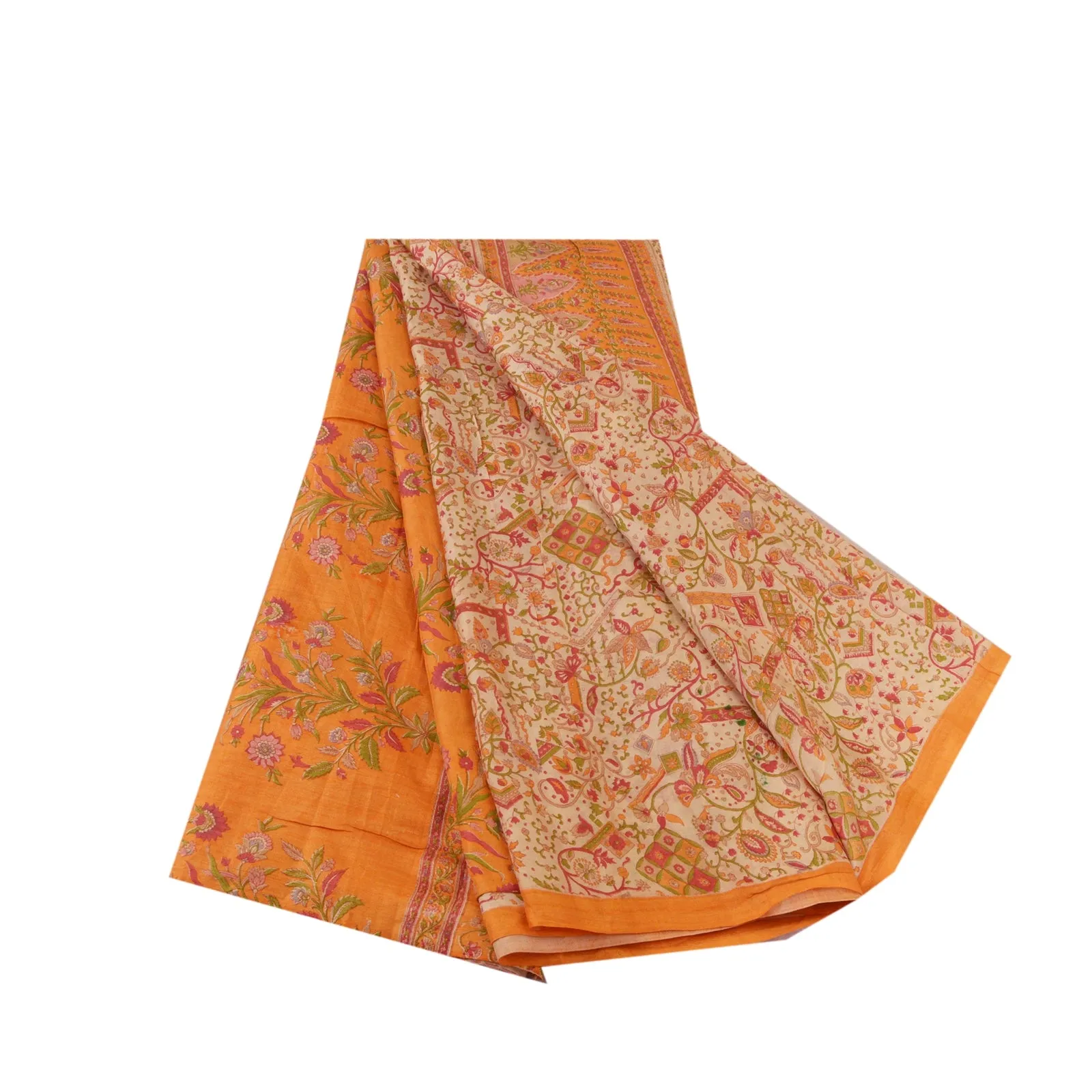 Sanskriti Vintage Sarees Cream/Orange Pure Silk Printed Sari Floral Craft Fabric