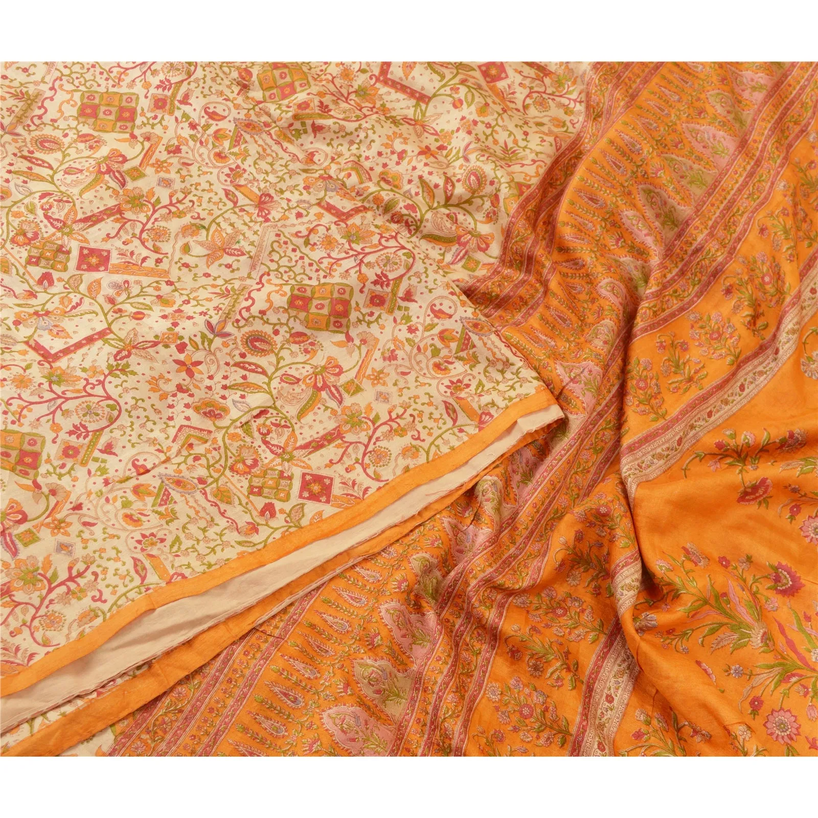 Sanskriti Vintage Sarees Cream/Orange Pure Silk Printed Sari Floral Craft Fabric