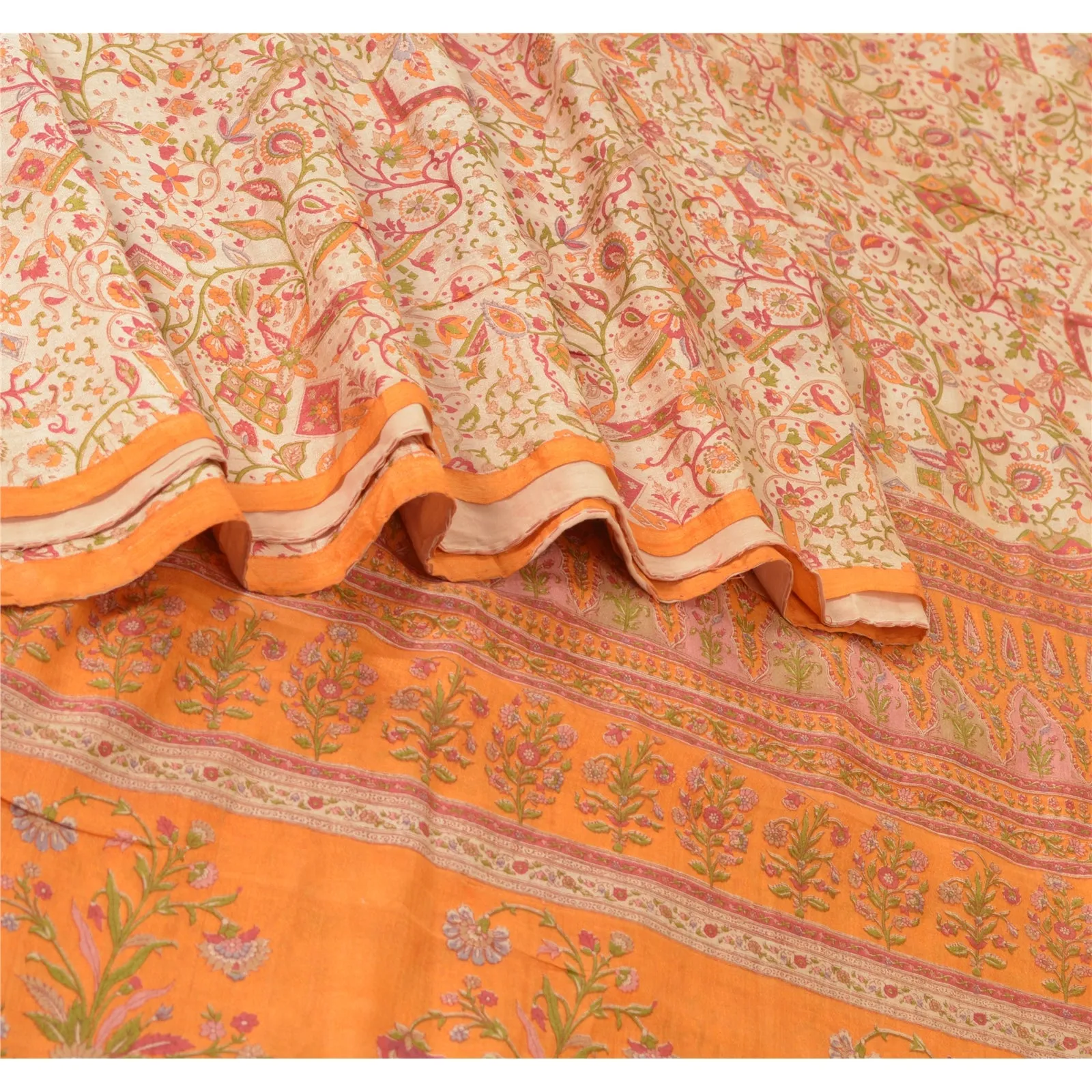 Sanskriti Vintage Sarees Cream/Orange Pure Silk Printed Sari Floral Craft Fabric