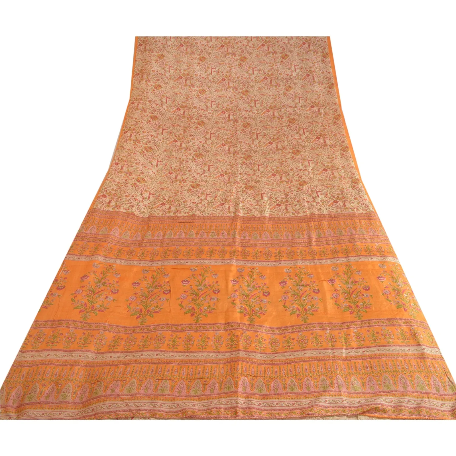 Sanskriti Vintage Sarees Cream/Orange Pure Silk Printed Sari Floral Craft Fabric