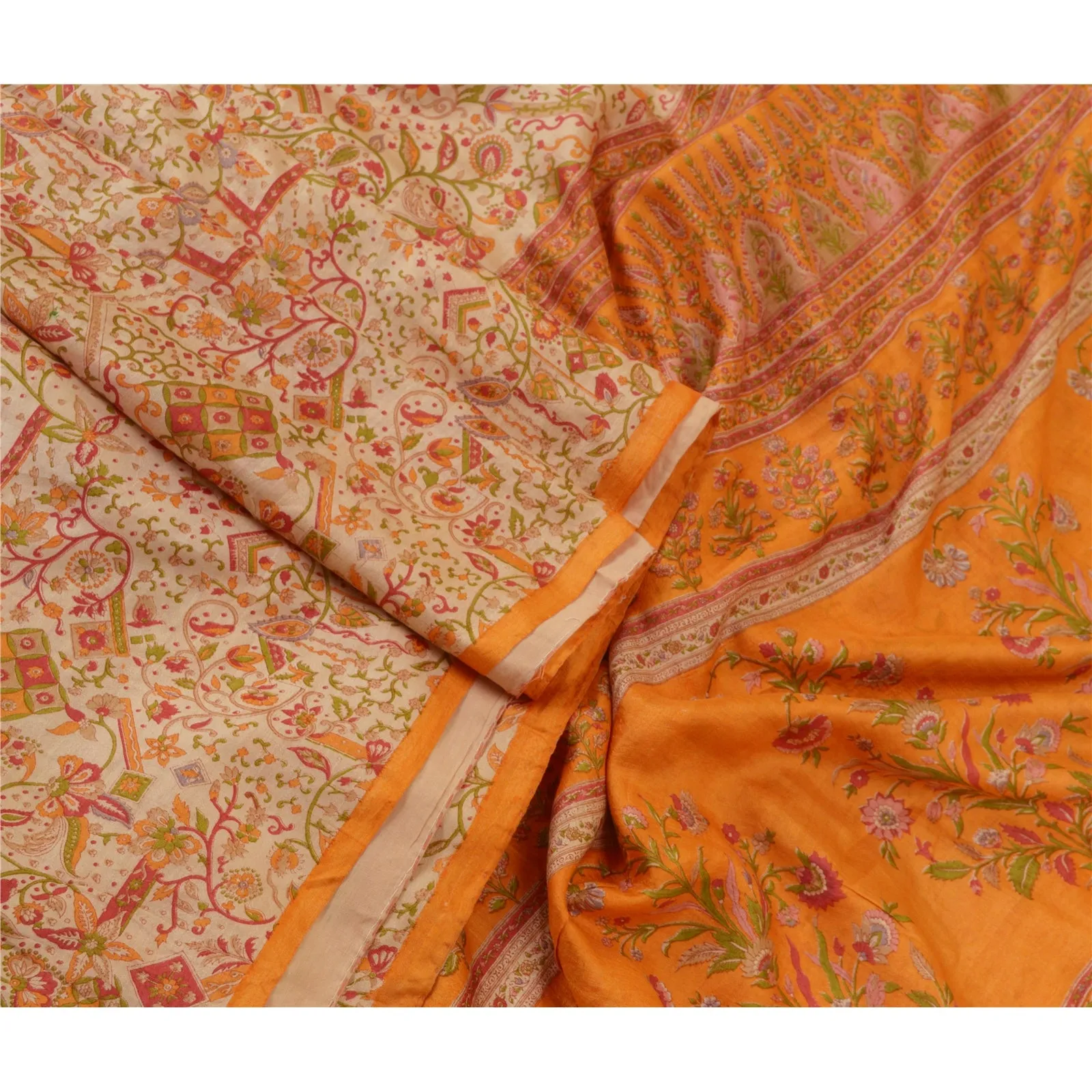 Sanskriti Vintage Sarees Cream/Orange Pure Silk Printed Sari Floral Craft Fabric