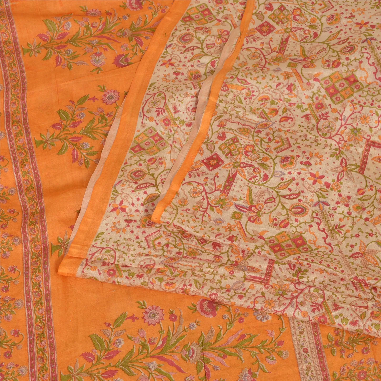 Sanskriti Vintage Sarees Cream/Orange Pure Silk Printed Sari Floral Craft Fabric