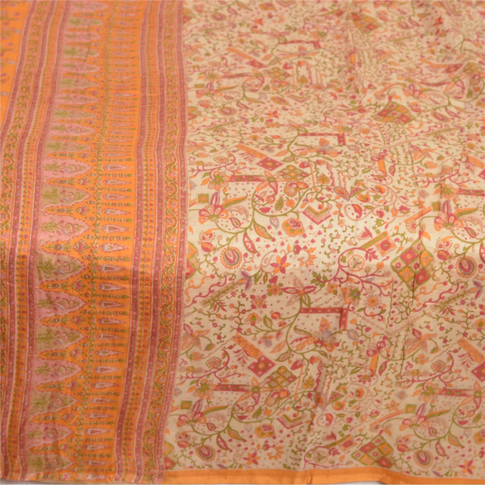 Sanskriti Vintage Sarees Cream/Orange Pure Silk Printed Sari Floral Craft Fabric