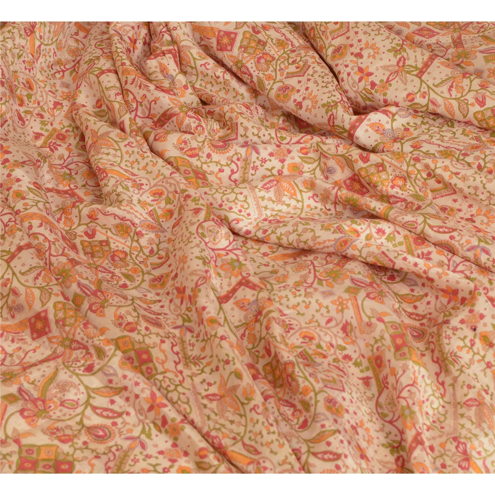 Sanskriti Vintage Sarees Cream/Orange Pure Silk Printed Sari Floral Craft Fabric