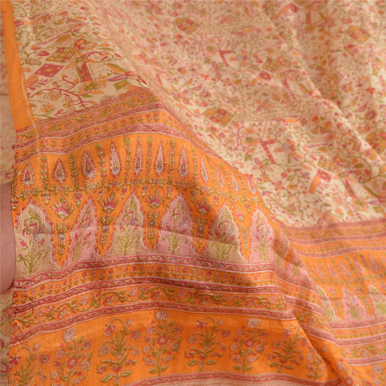 Sanskriti Vintage Sarees Cream/Orange Pure Silk Printed Sari Floral Craft Fabric