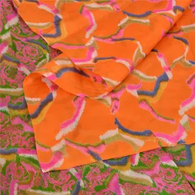 Sanskriti Vintage Sarees From India Orange Pure Silk Printed Sari Craft Fabric