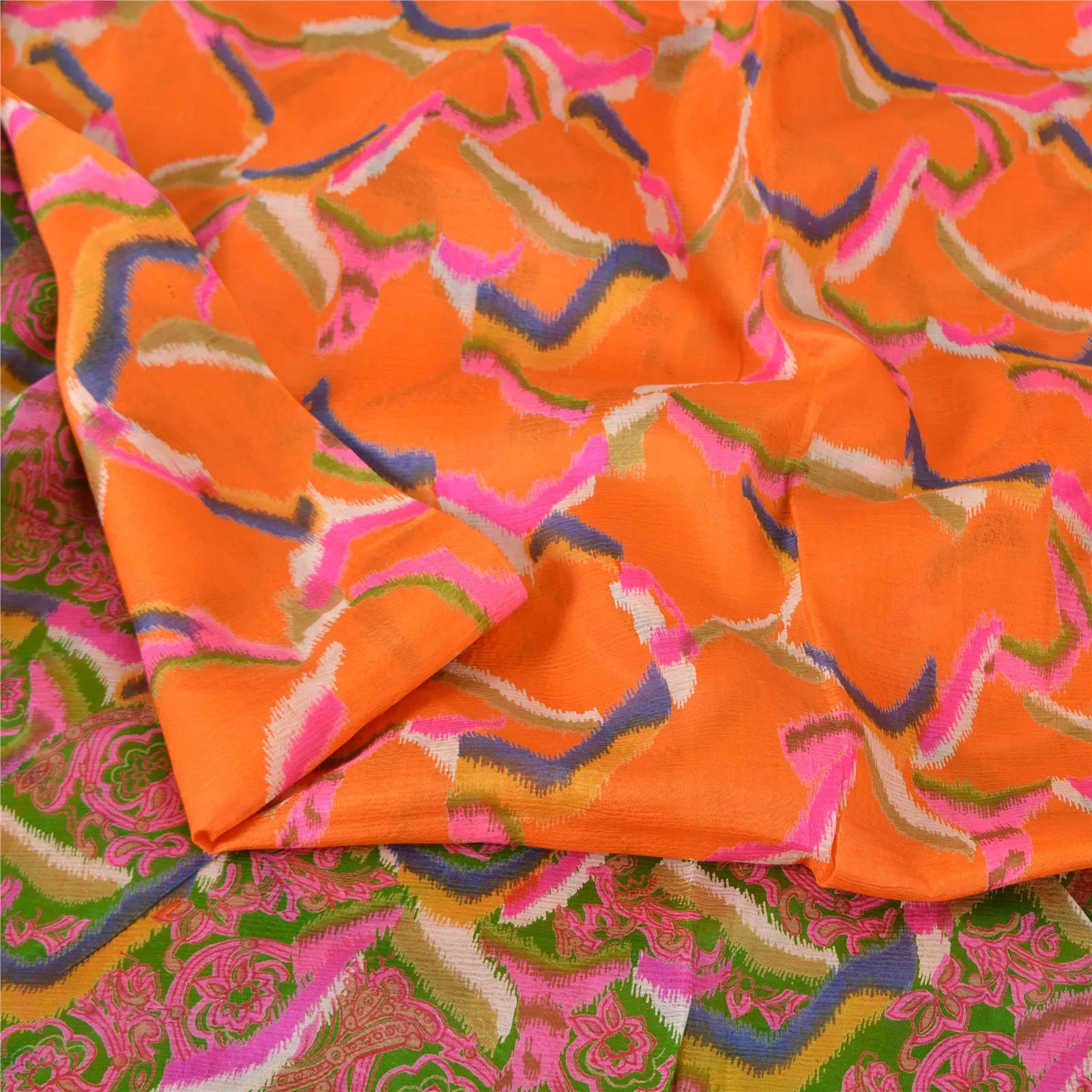 Sanskriti Vintage Sarees From India Orange Pure Silk Printed Sari Craft Fabric