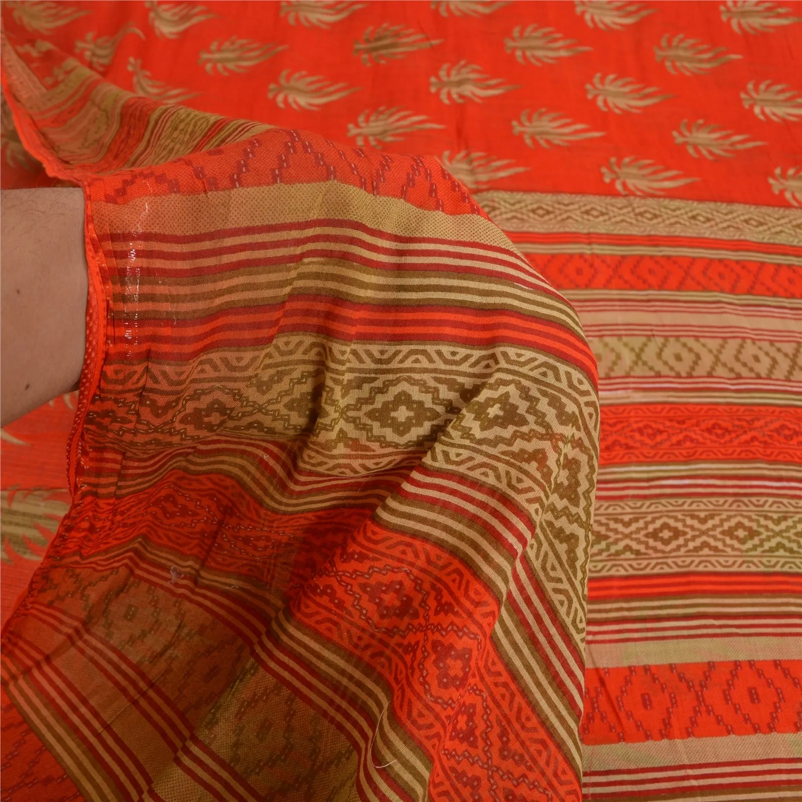 Sanskriti Vintage Sarees From India Red Printed Pure Cotton Sari Craft Fabric