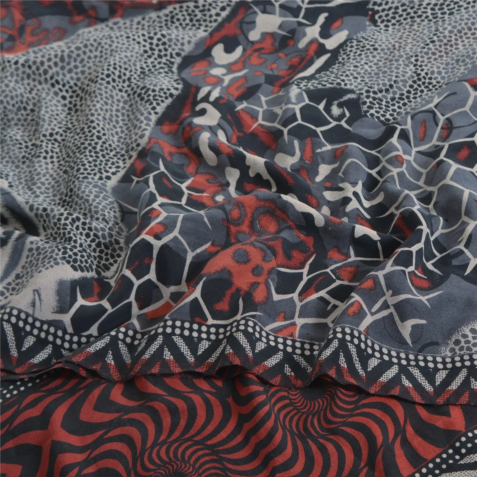 Sanskriti Vintage Sarees Gray/Black Pure Crepe Silk Print Sari 5yd Craft Fabric