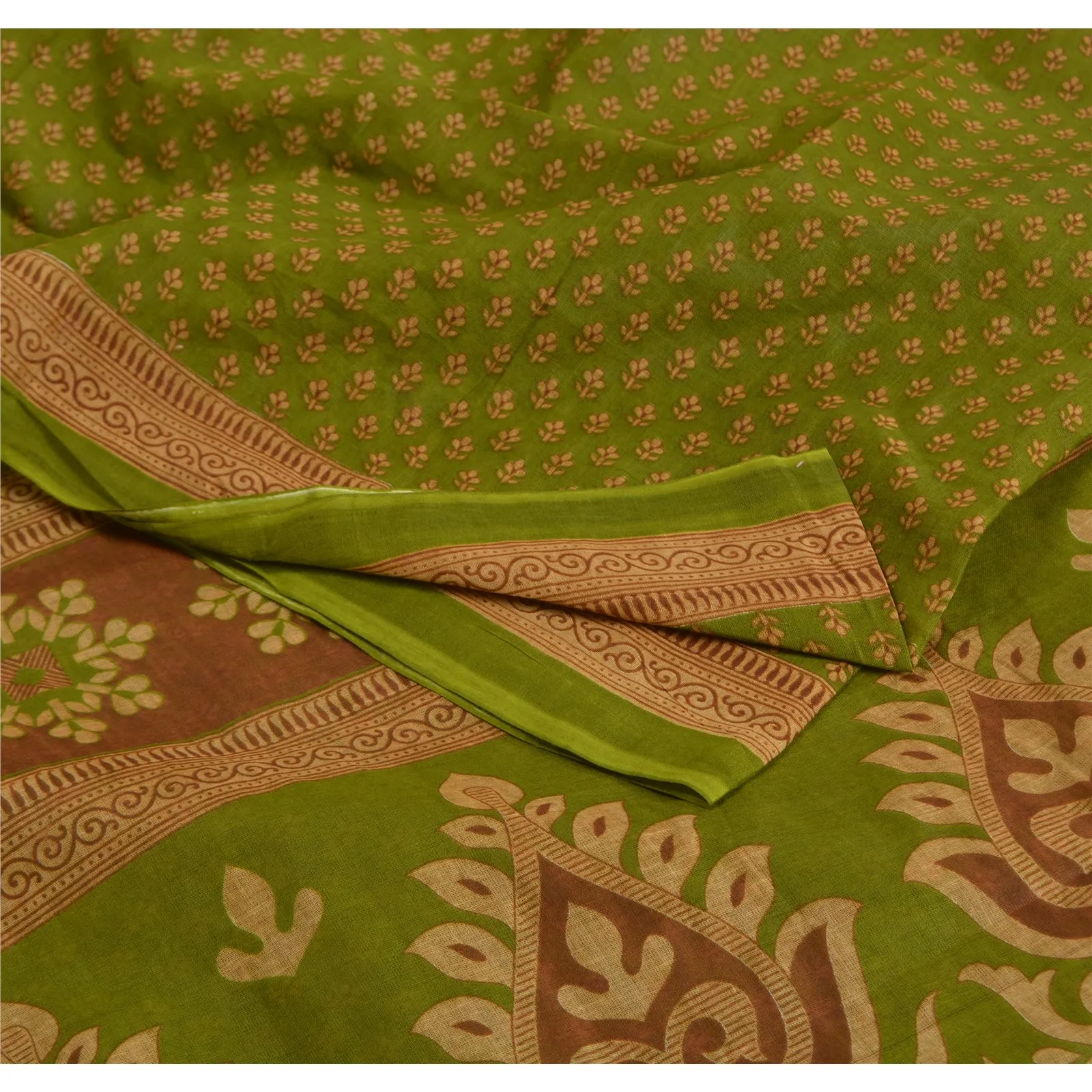 Sanskriti Vintage Sarees Green 100% Pure Cotton Printed Sari 5yd Craft Fabric