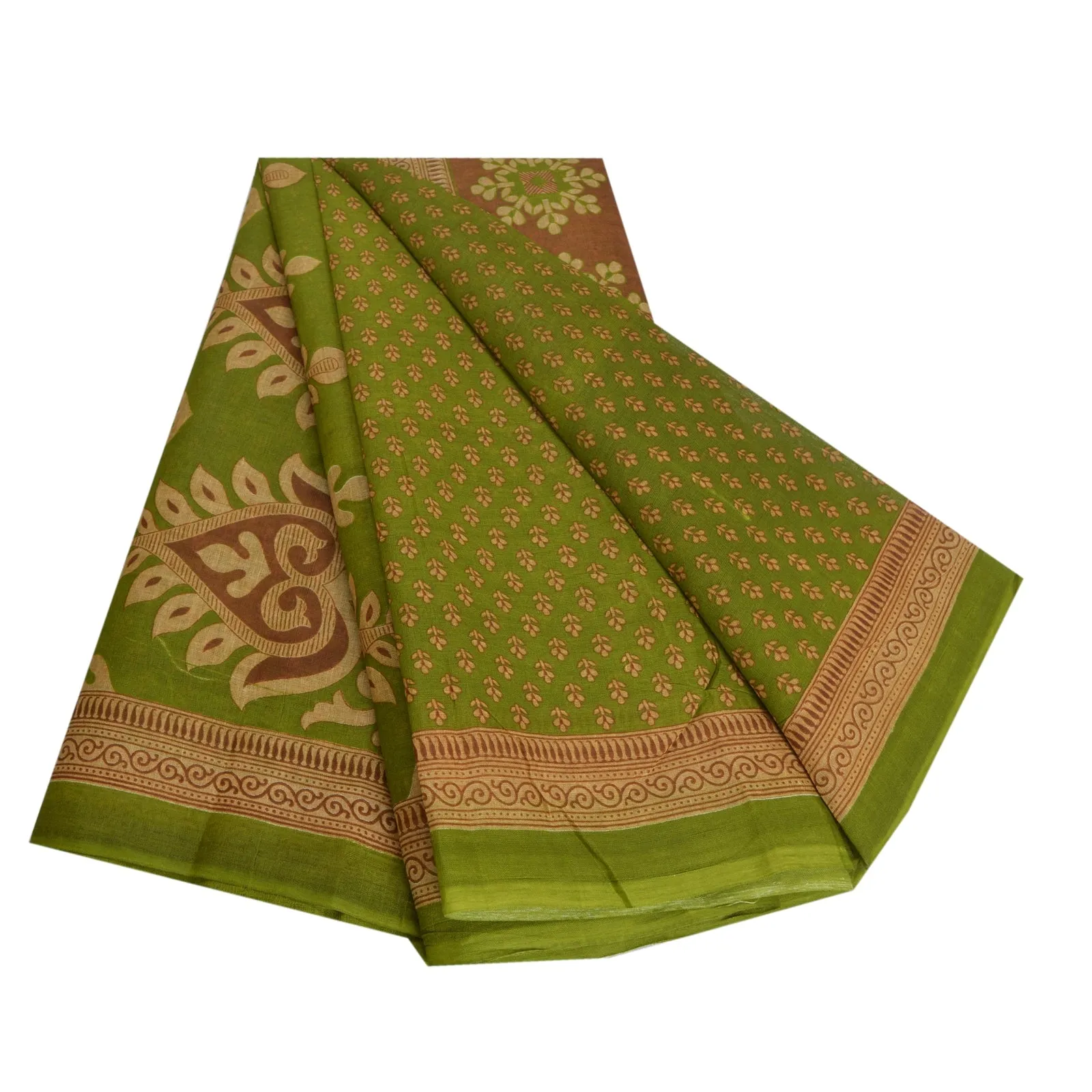 Sanskriti Vintage Sarees Green 100% Pure Cotton Printed Sari 5yd Craft Fabric