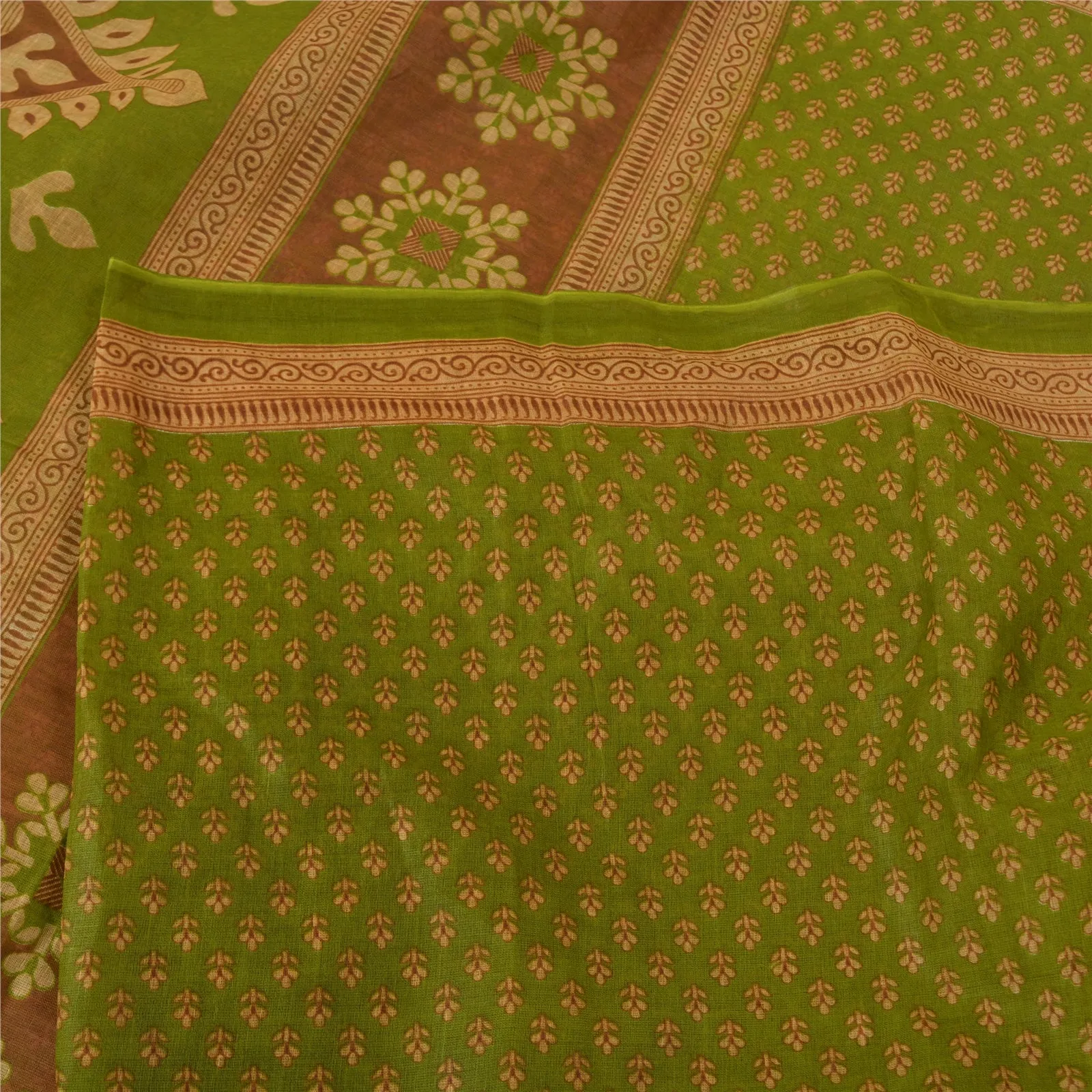 Sanskriti Vintage Sarees Green 100% Pure Cotton Printed Sari 5yd Craft Fabric