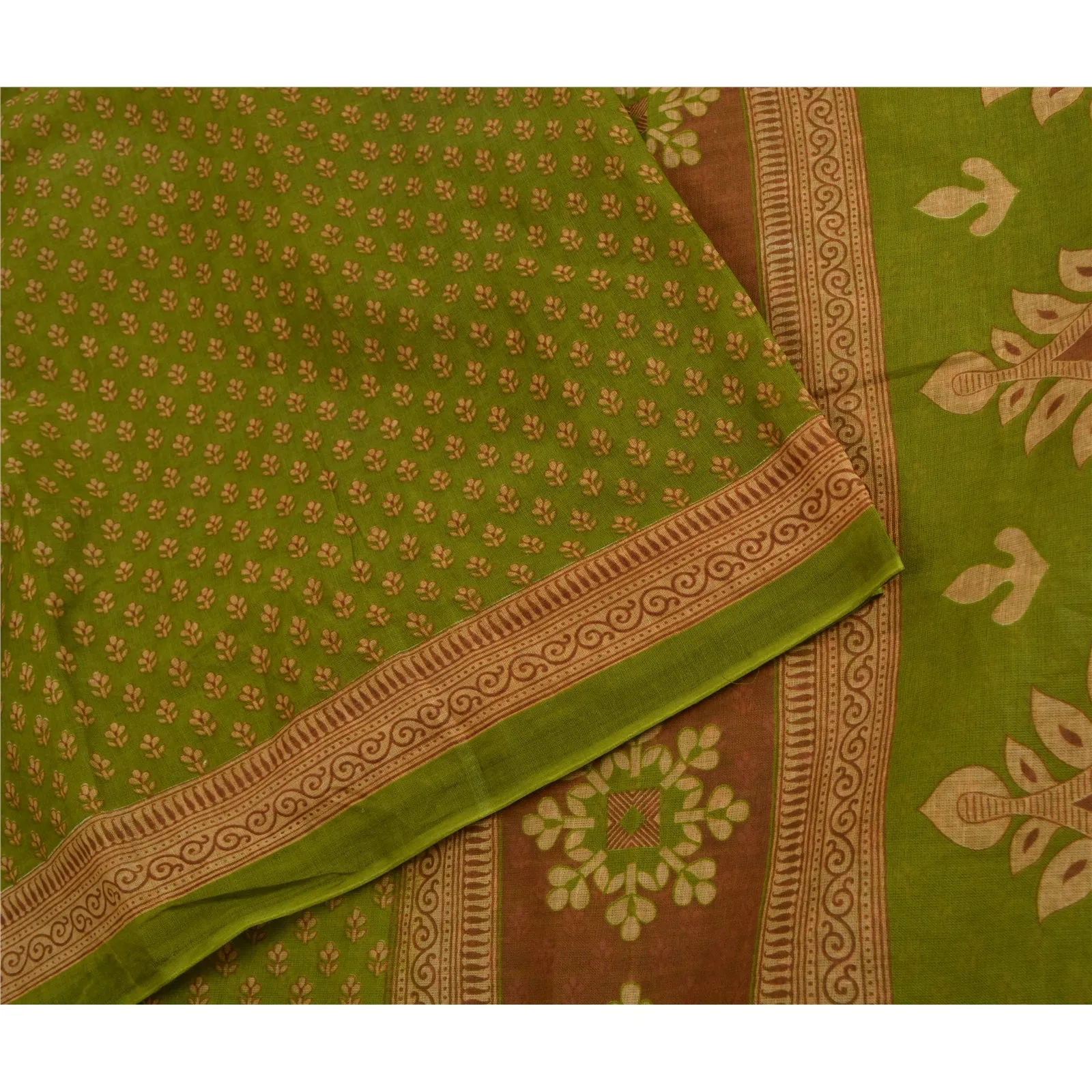 Sanskriti Vintage Sarees Green 100% Pure Cotton Printed Sari 5yd Craft Fabric