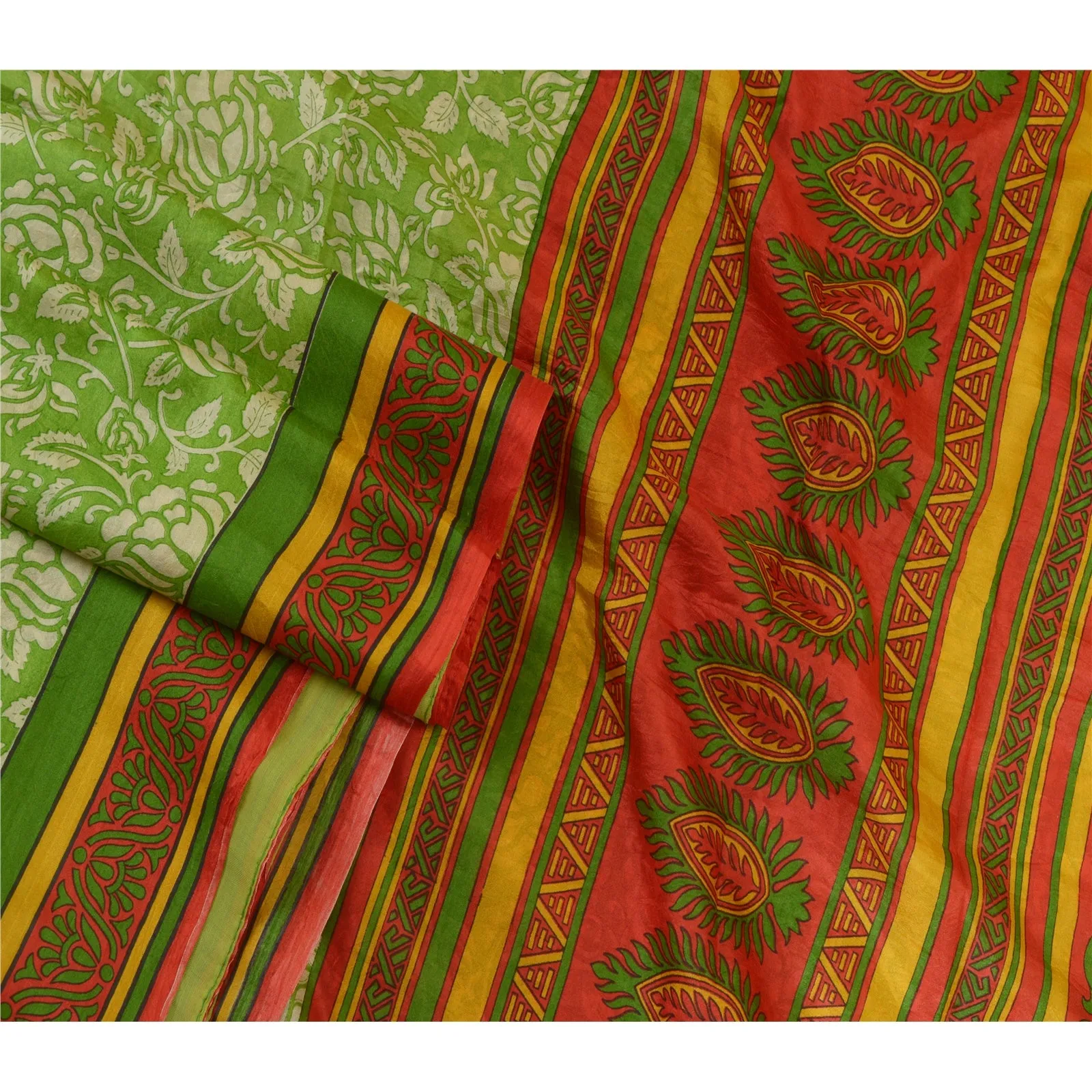 Sanskriti Vintage Sarees Green Printed 100% Pure Silk Sari Soft 5yd Craft Fabric