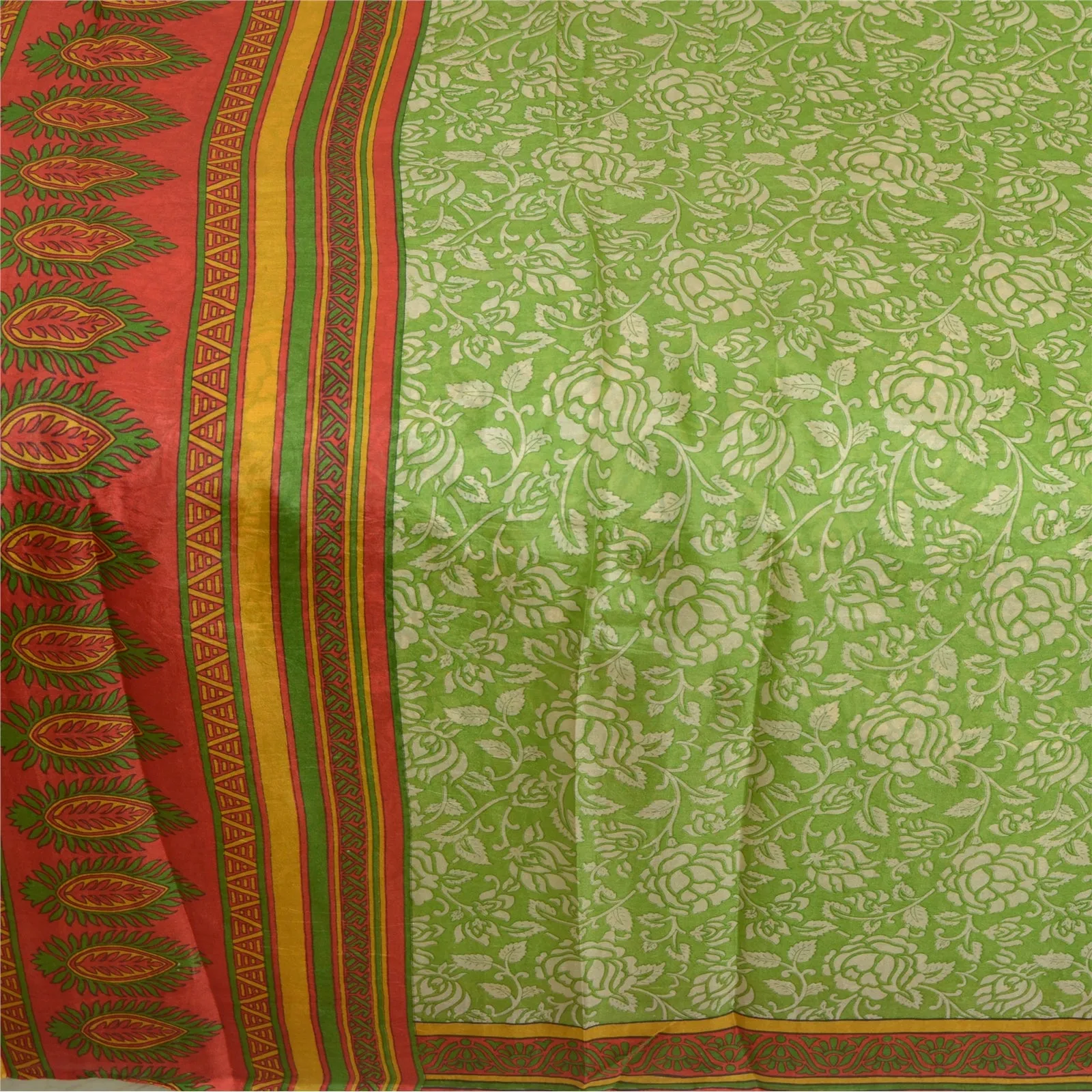 Sanskriti Vintage Sarees Green Printed 100% Pure Silk Sari Soft 5yd Craft Fabric