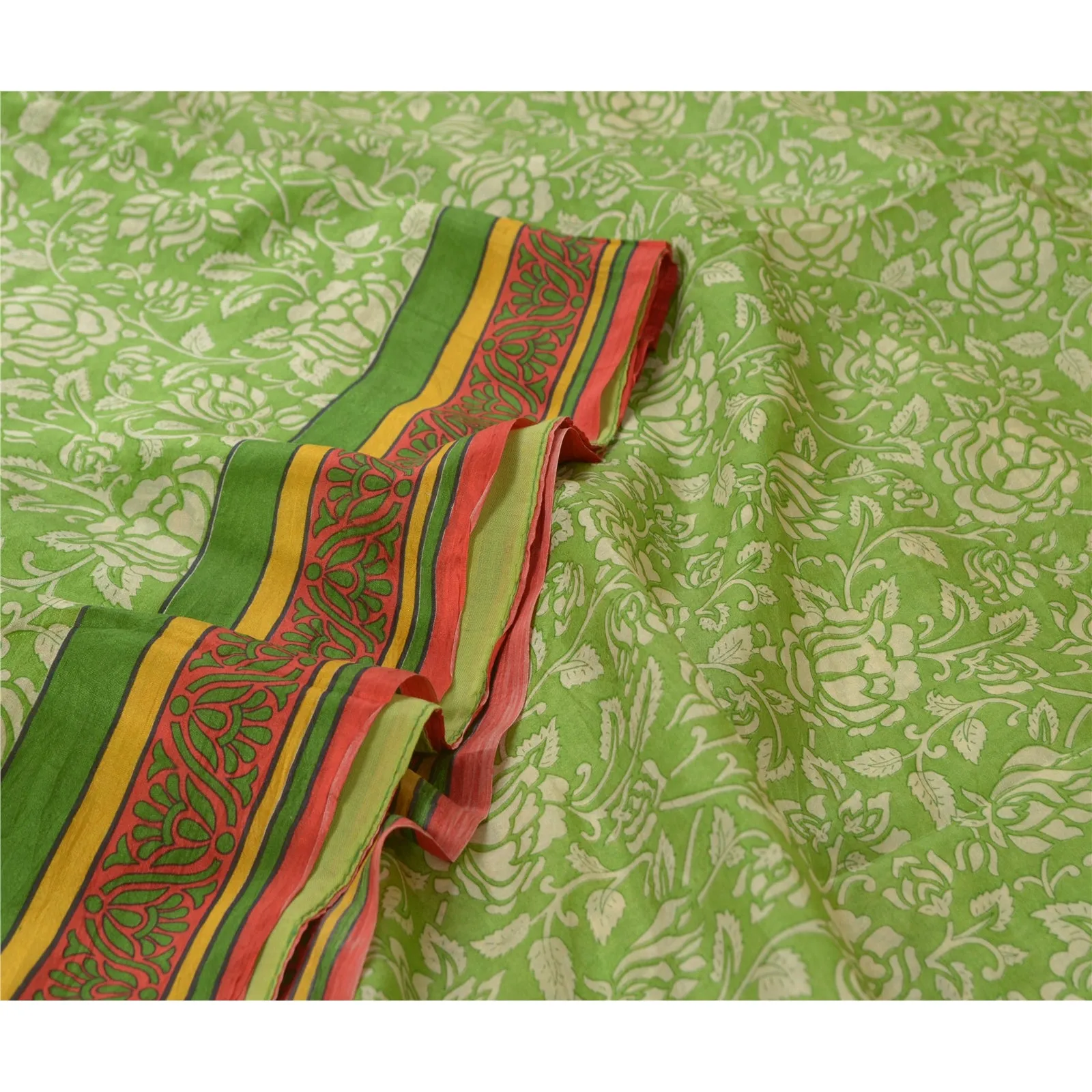 Sanskriti Vintage Sarees Green Printed 100% Pure Silk Sari Soft 5yd Craft Fabric