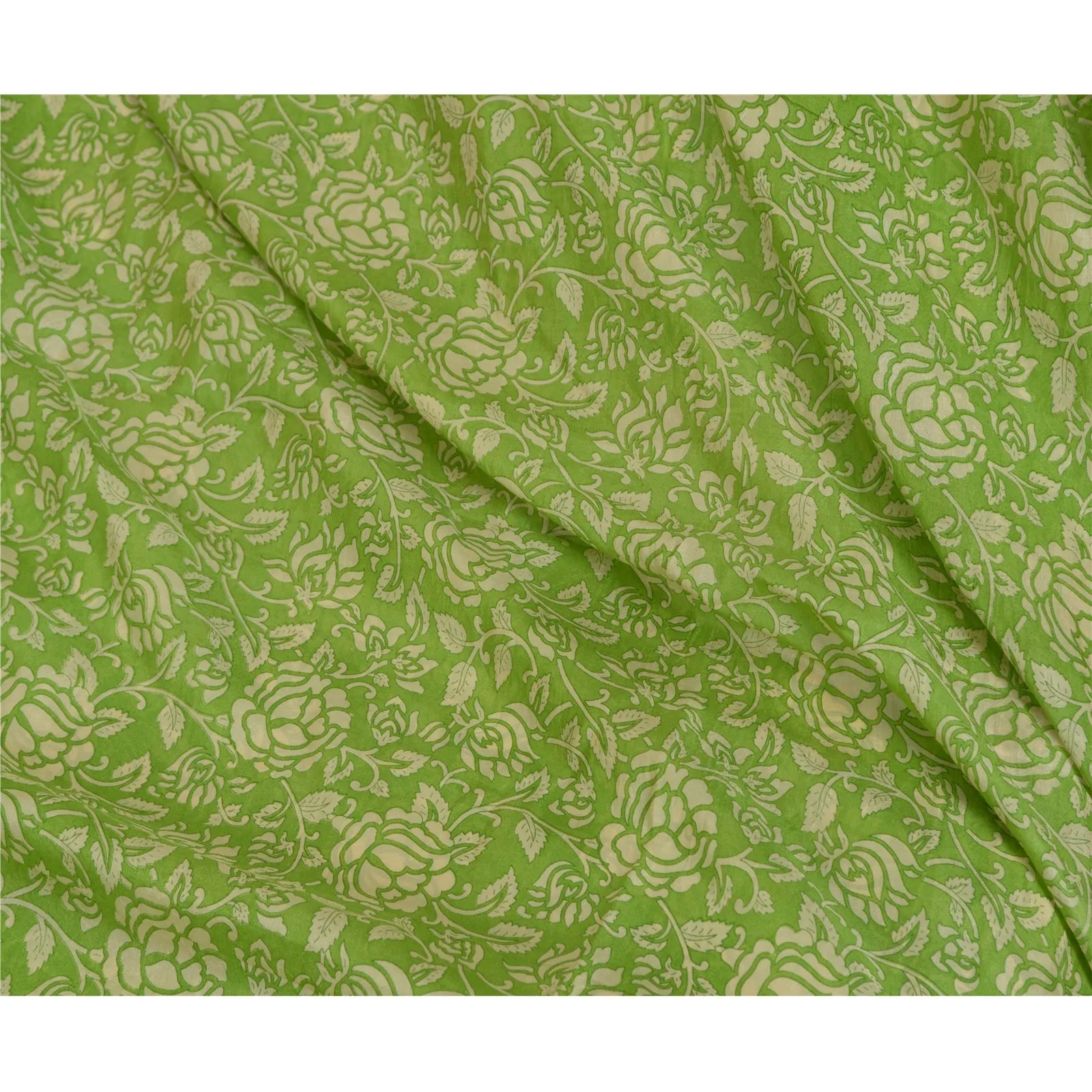 Sanskriti Vintage Sarees Green Printed 100% Pure Silk Sari Soft 5yd Craft Fabric