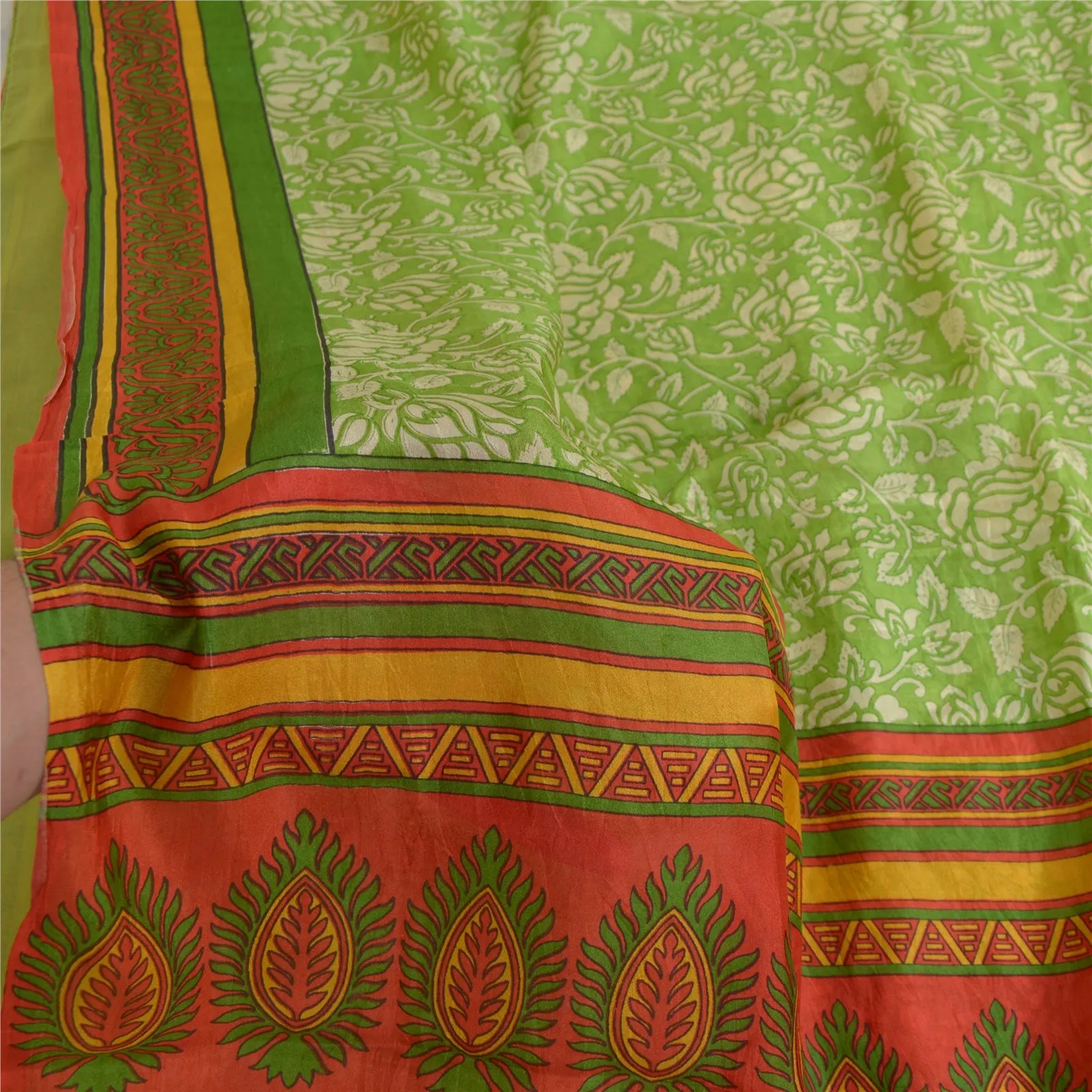 Sanskriti Vintage Sarees Green Printed 100% Pure Silk Sari Soft 5yd Craft Fabric