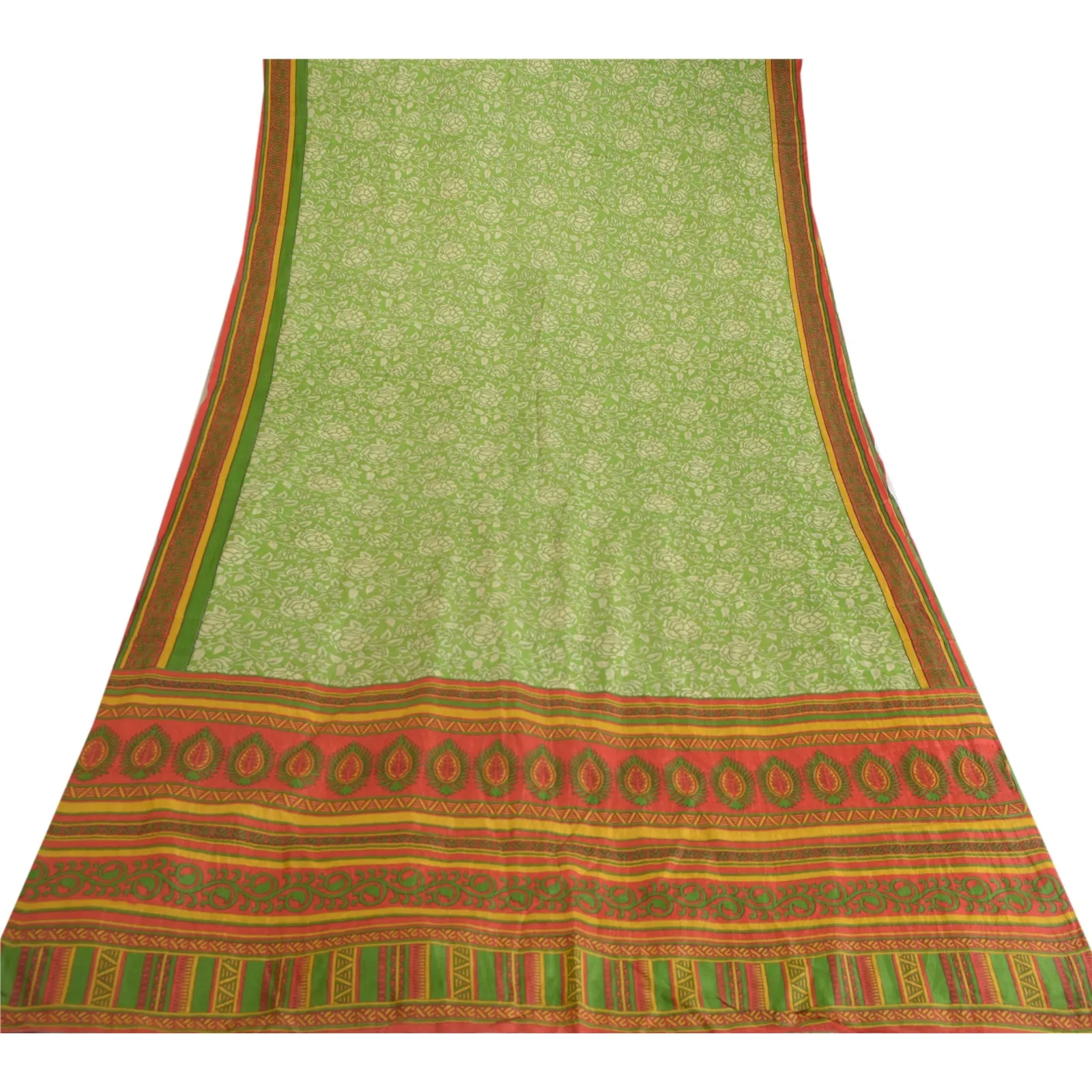 Sanskriti Vintage Sarees Green Printed 100% Pure Silk Sari Soft 5yd Craft Fabric