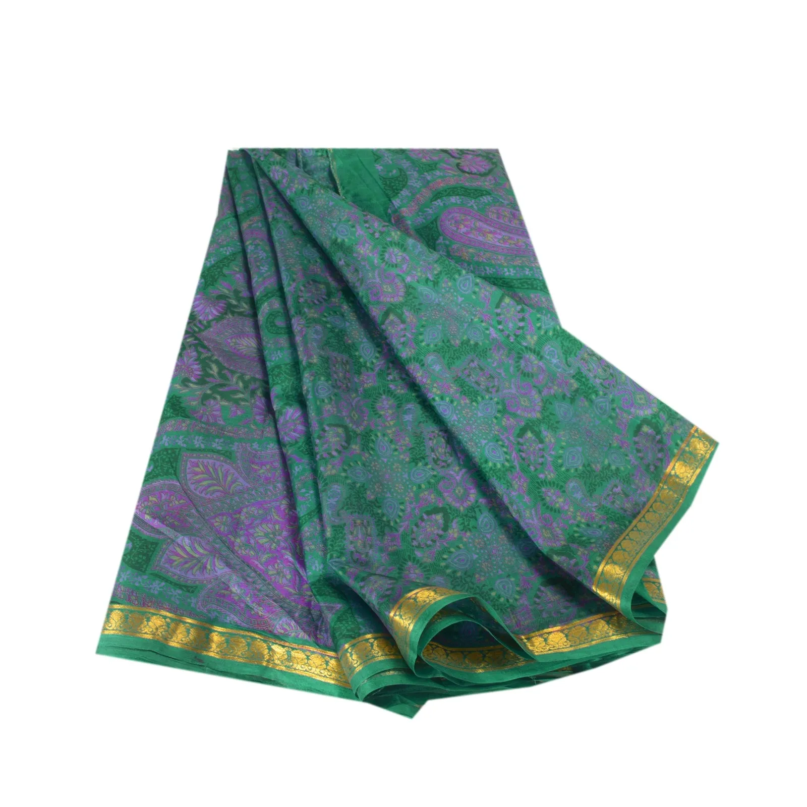 Sanskriti Vintage Sarees Green Zari Border Pure Silk Printed Sari Craft Fabric