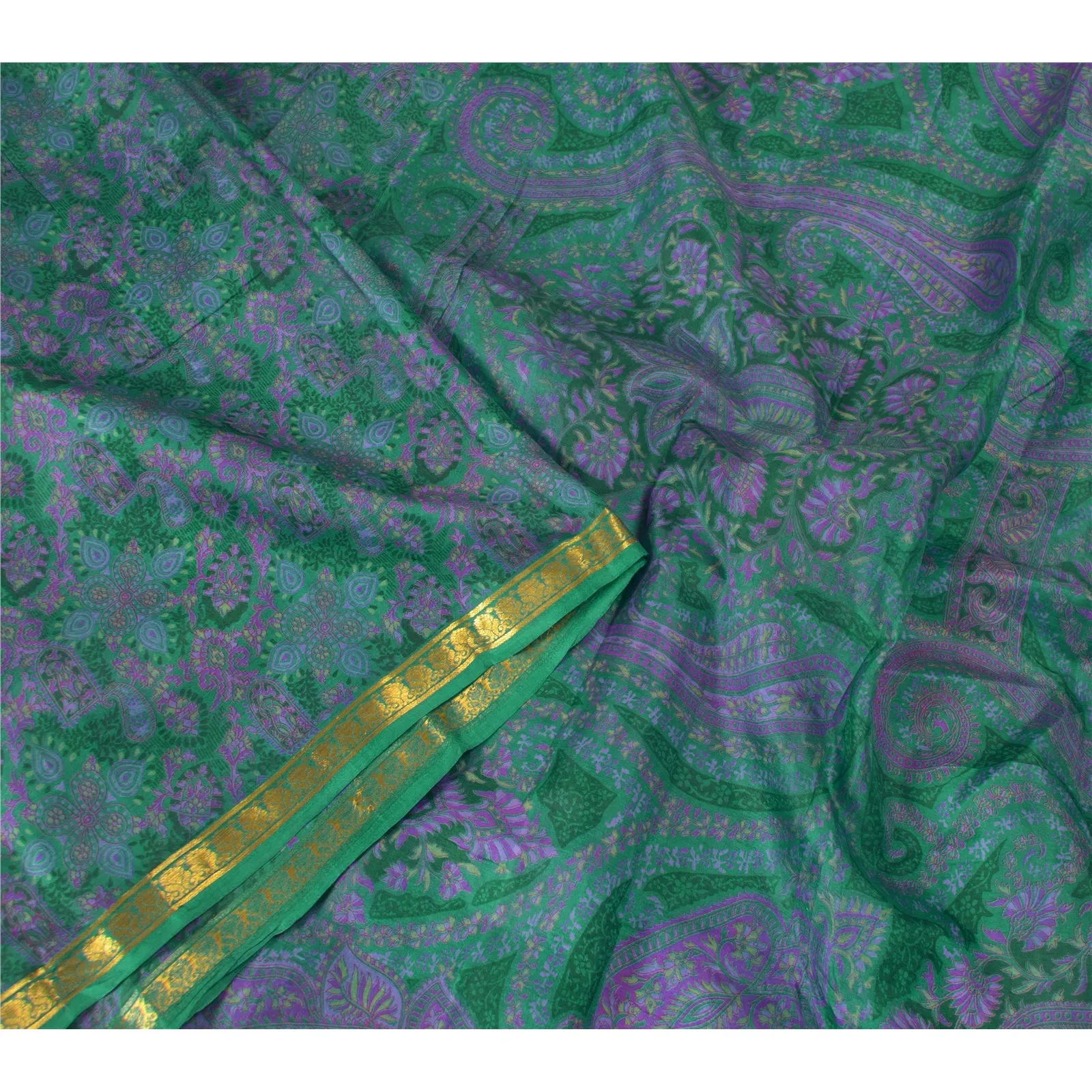 Sanskriti Vintage Sarees Green Zari Border Pure Silk Printed Sari Craft Fabric