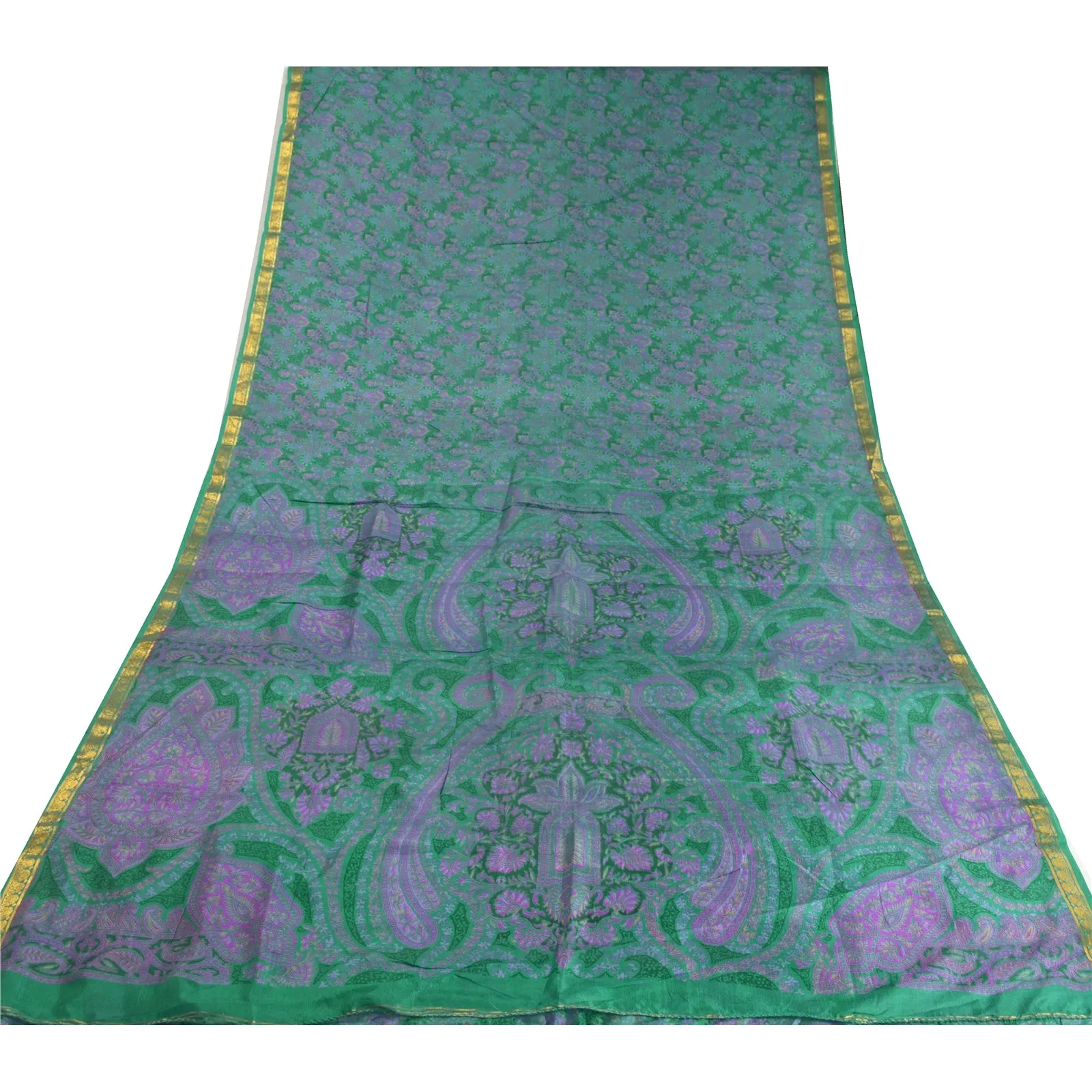 Sanskriti Vintage Sarees Green Zari Border Pure Silk Printed Sari Craft Fabric