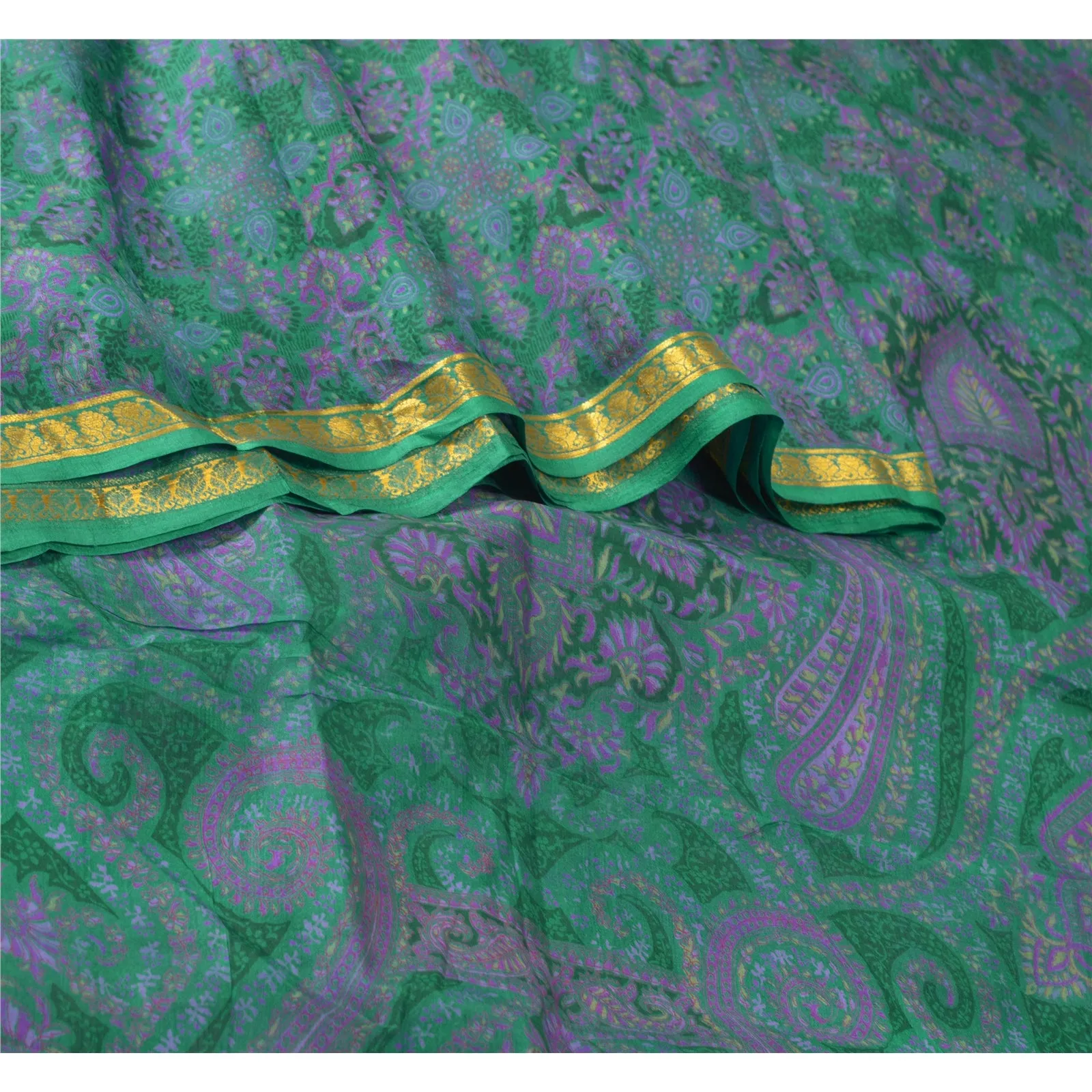 Sanskriti Vintage Sarees Green Zari Border Pure Silk Printed Sari Craft Fabric