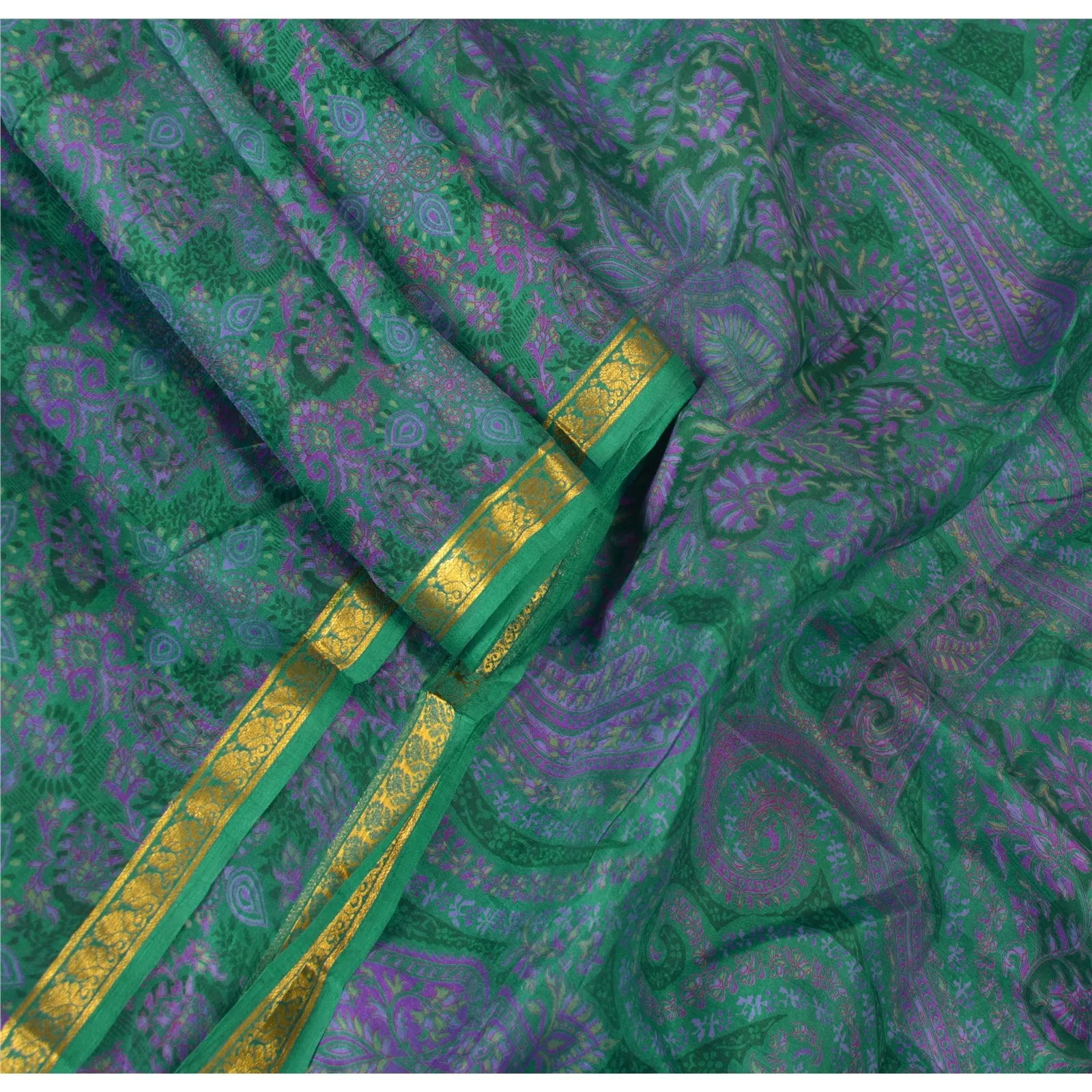 Sanskriti Vintage Sarees Green Zari Border Pure Silk Printed Sari Craft Fabric