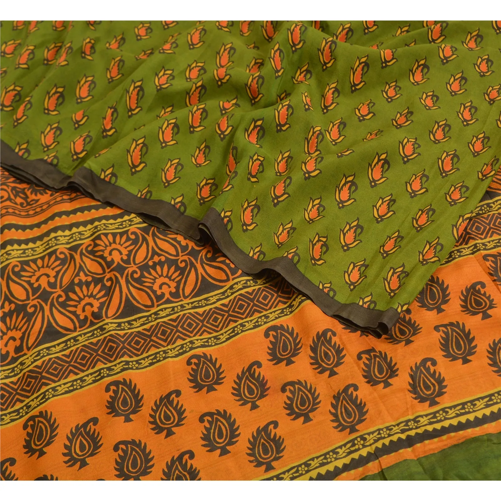 Sanskriti Vintage Sarees Green/Saffron Pure Crepe Silk Printed Sari Craft Fabric