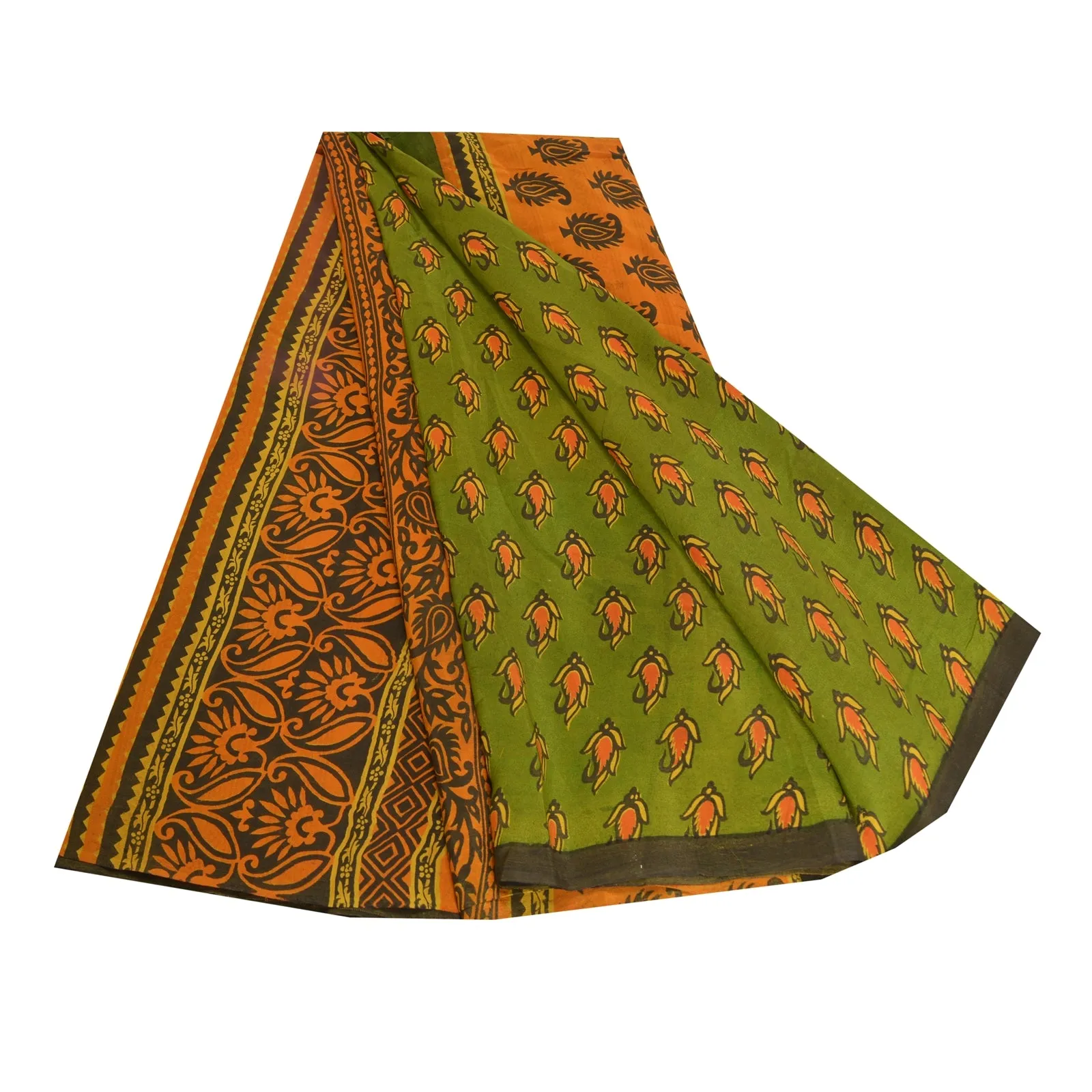 Sanskriti Vintage Sarees Green/Saffron Pure Crepe Silk Printed Sari Craft Fabric