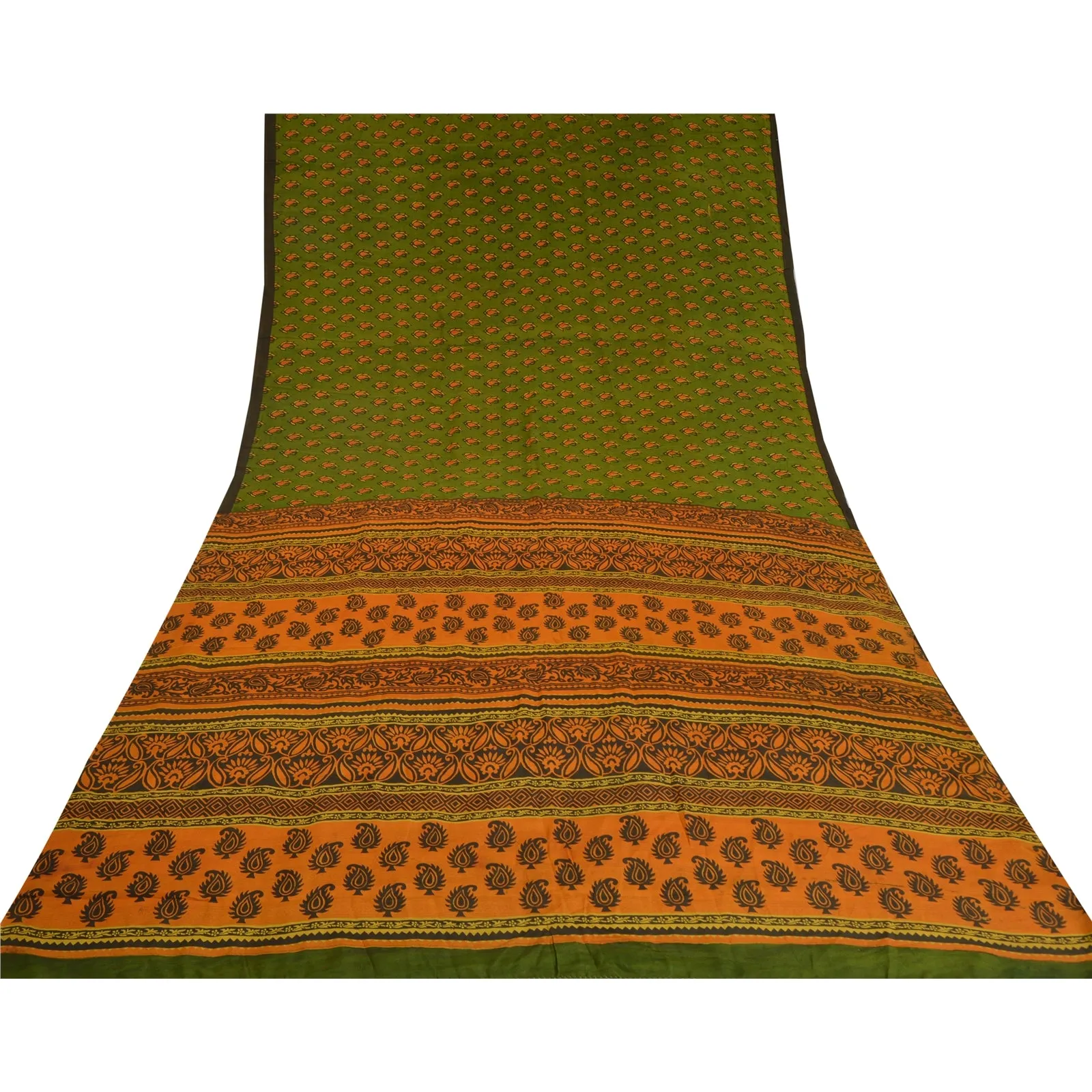 Sanskriti Vintage Sarees Green/Saffron Pure Crepe Silk Printed Sari Craft Fabric