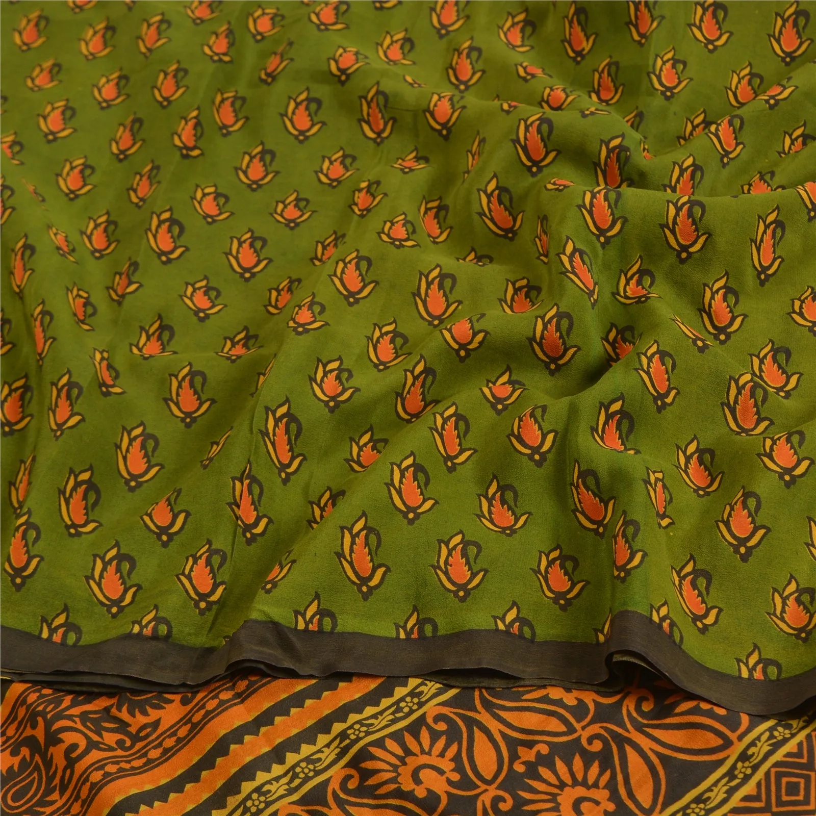 Sanskriti Vintage Sarees Green/Saffron Pure Crepe Silk Printed Sari Craft Fabric