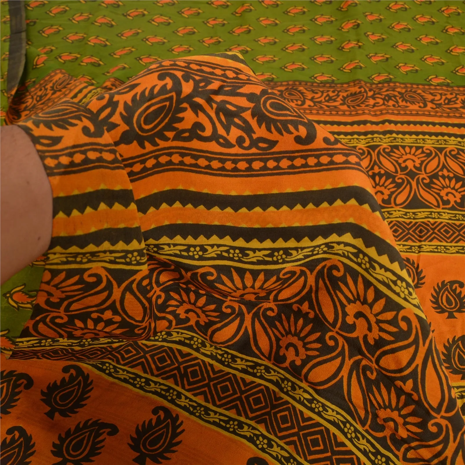 Sanskriti Vintage Sarees Green/Saffron Pure Crepe Silk Printed Sari Craft Fabric