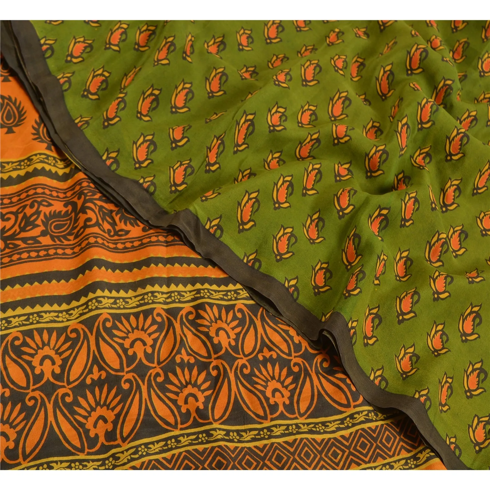 Sanskriti Vintage Sarees Green/Saffron Pure Crepe Silk Printed Sari Craft Fabric