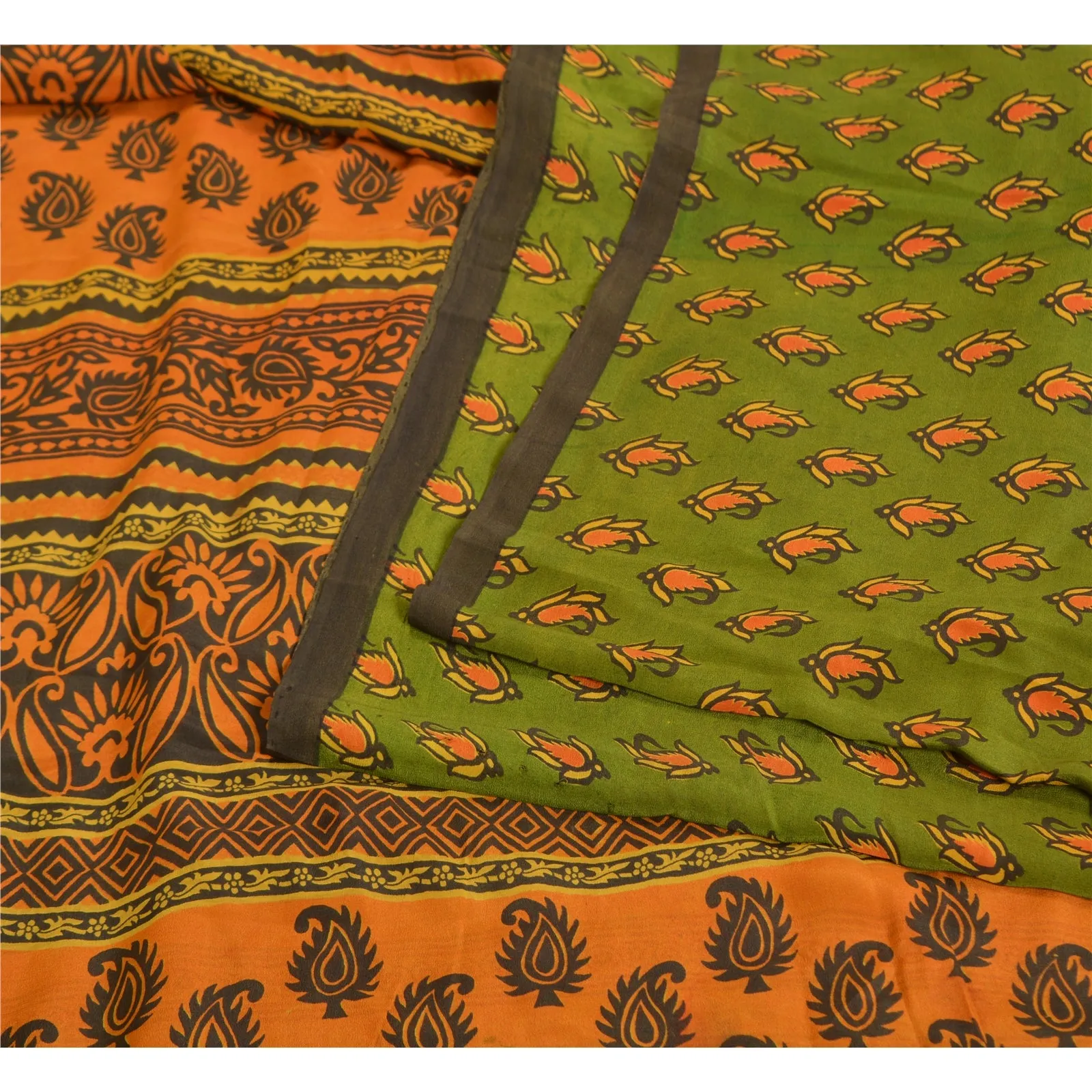 Sanskriti Vintage Sarees Green/Saffron Pure Crepe Silk Printed Sari Craft Fabric