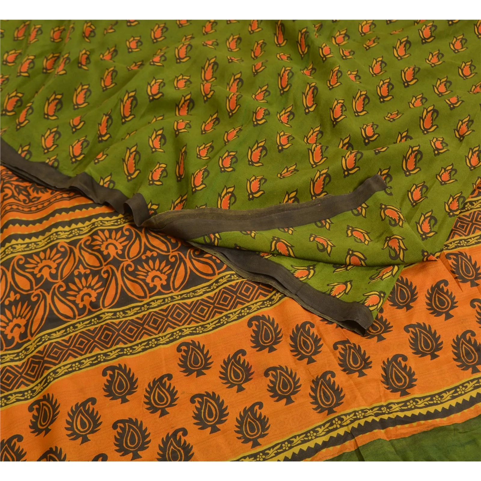 Sanskriti Vintage Sarees Green/Saffron Pure Crepe Silk Printed Sari Craft Fabric