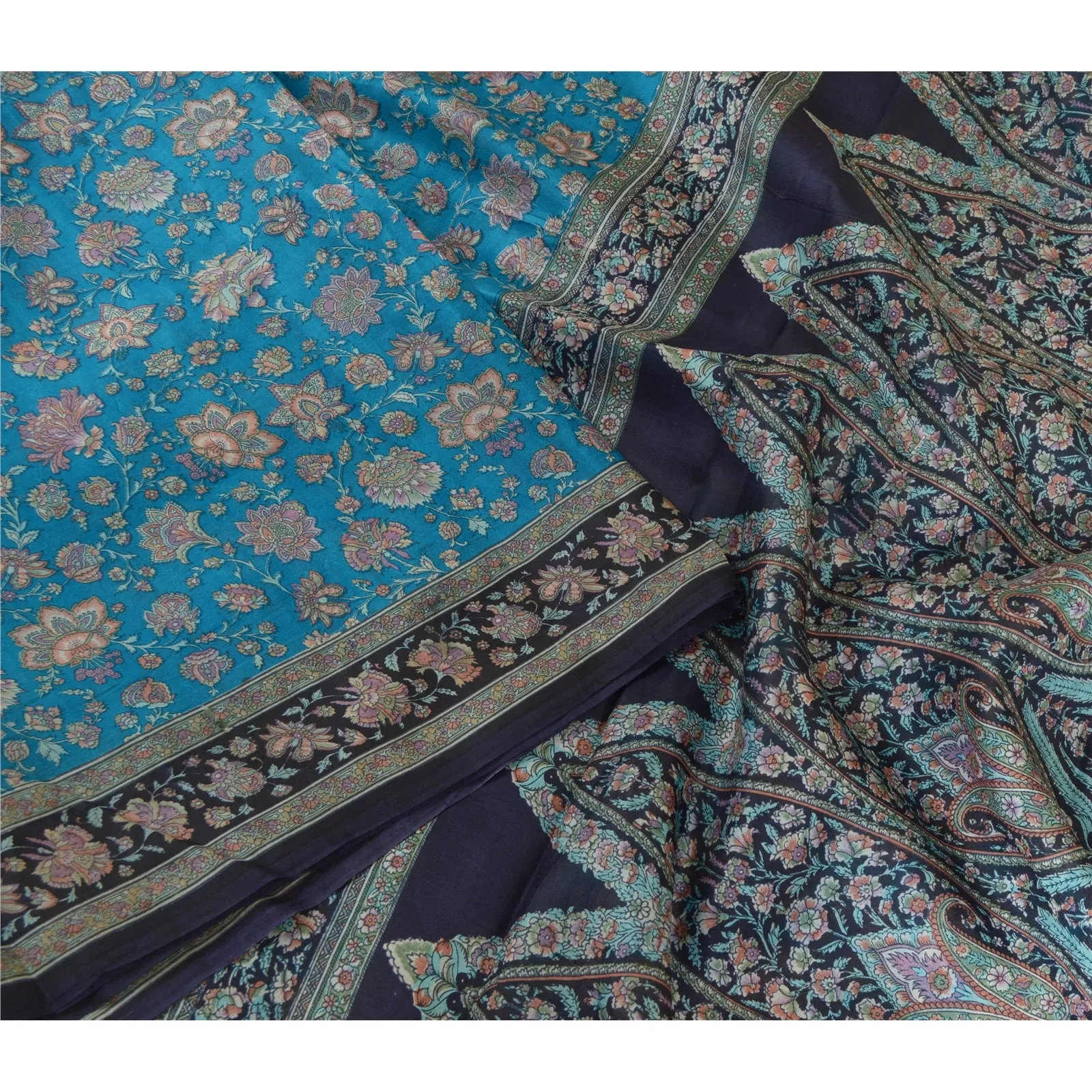 Sanskriti Vintage Sarees Indian Blue 100% Pure Silk Printed Sari Craft Fabric