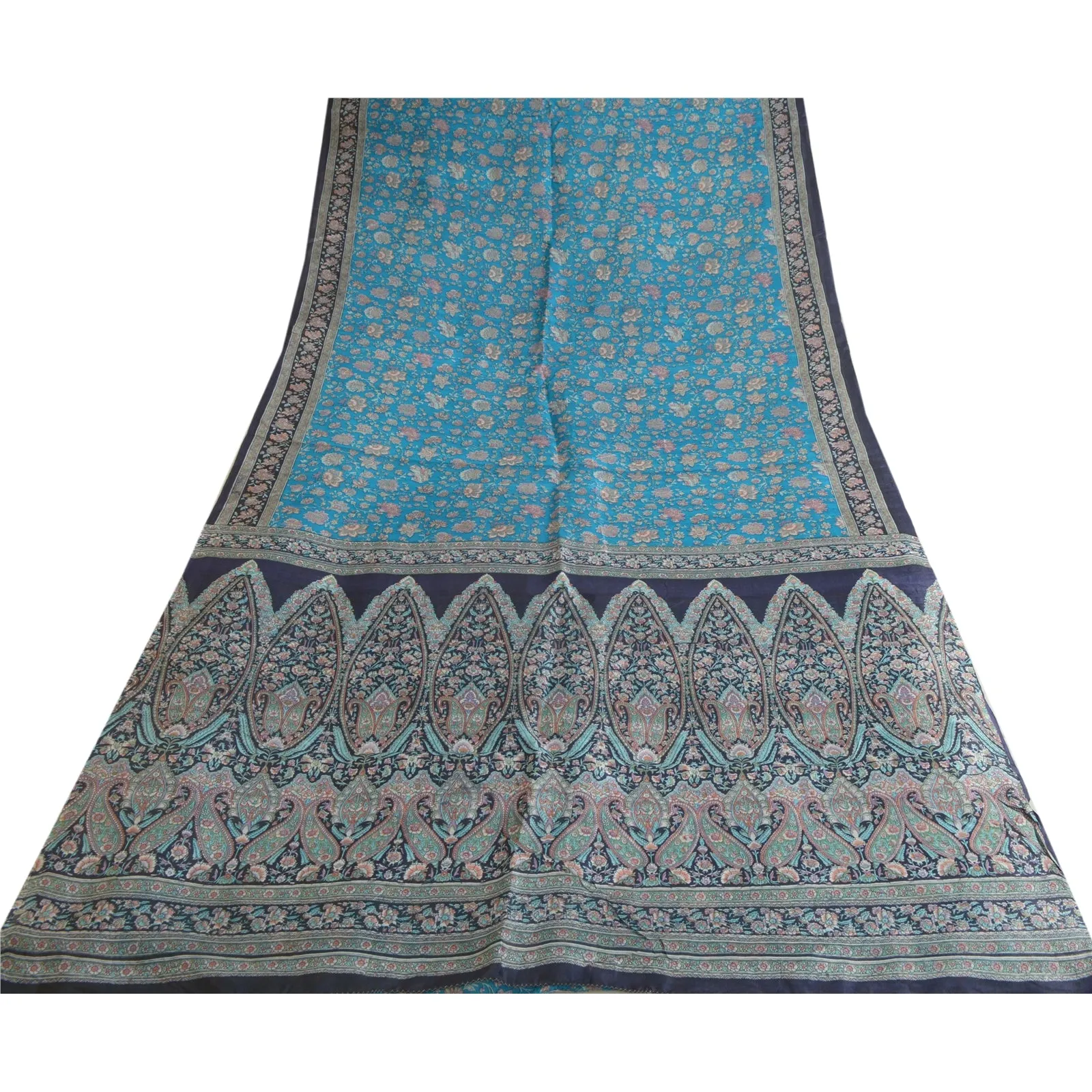 Sanskriti Vintage Sarees Indian Blue 100% Pure Silk Printed Sari Craft Fabric