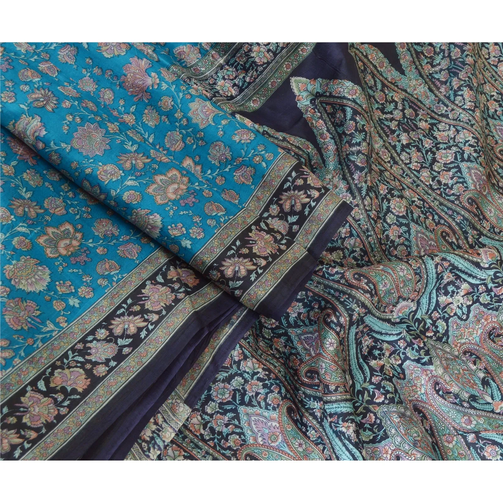 Sanskriti Vintage Sarees Indian Blue 100% Pure Silk Printed Sari Craft Fabric