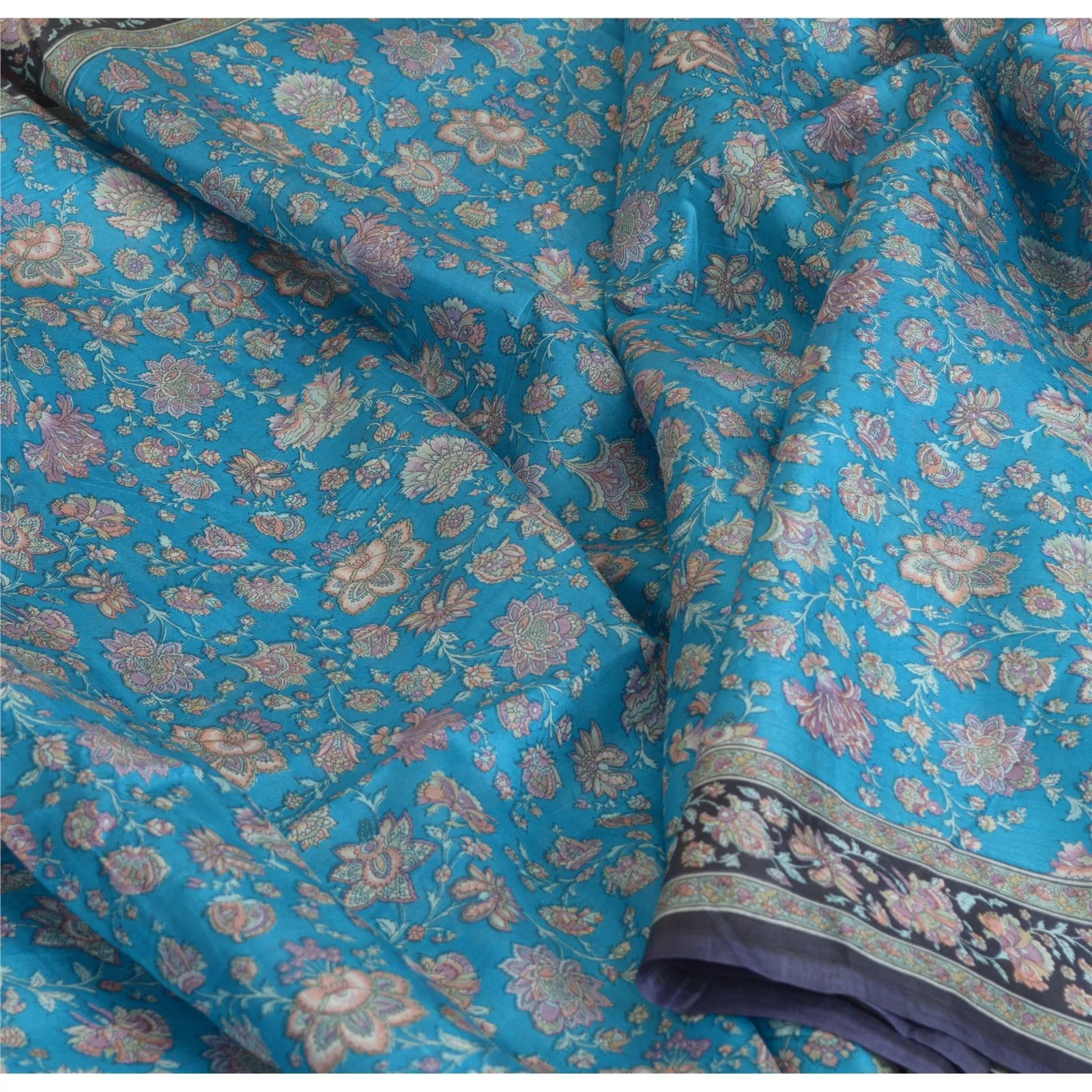 Sanskriti Vintage Sarees Indian Blue 100% Pure Silk Printed Sari Craft Fabric