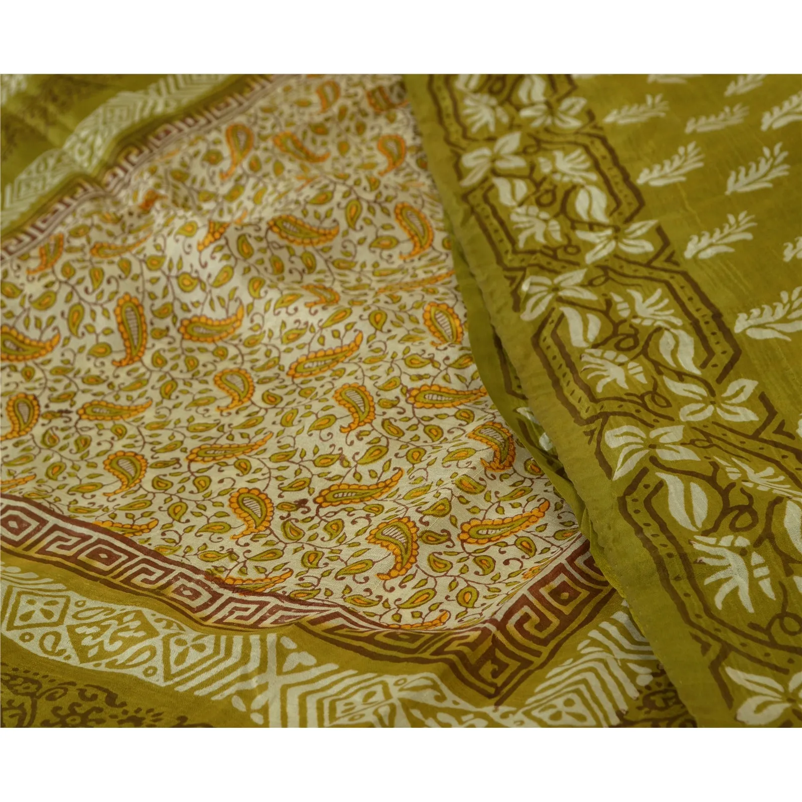 Sanskriti Vintage Sarees Indian Green Block Printed Pure Silk Sari Craft Fabric