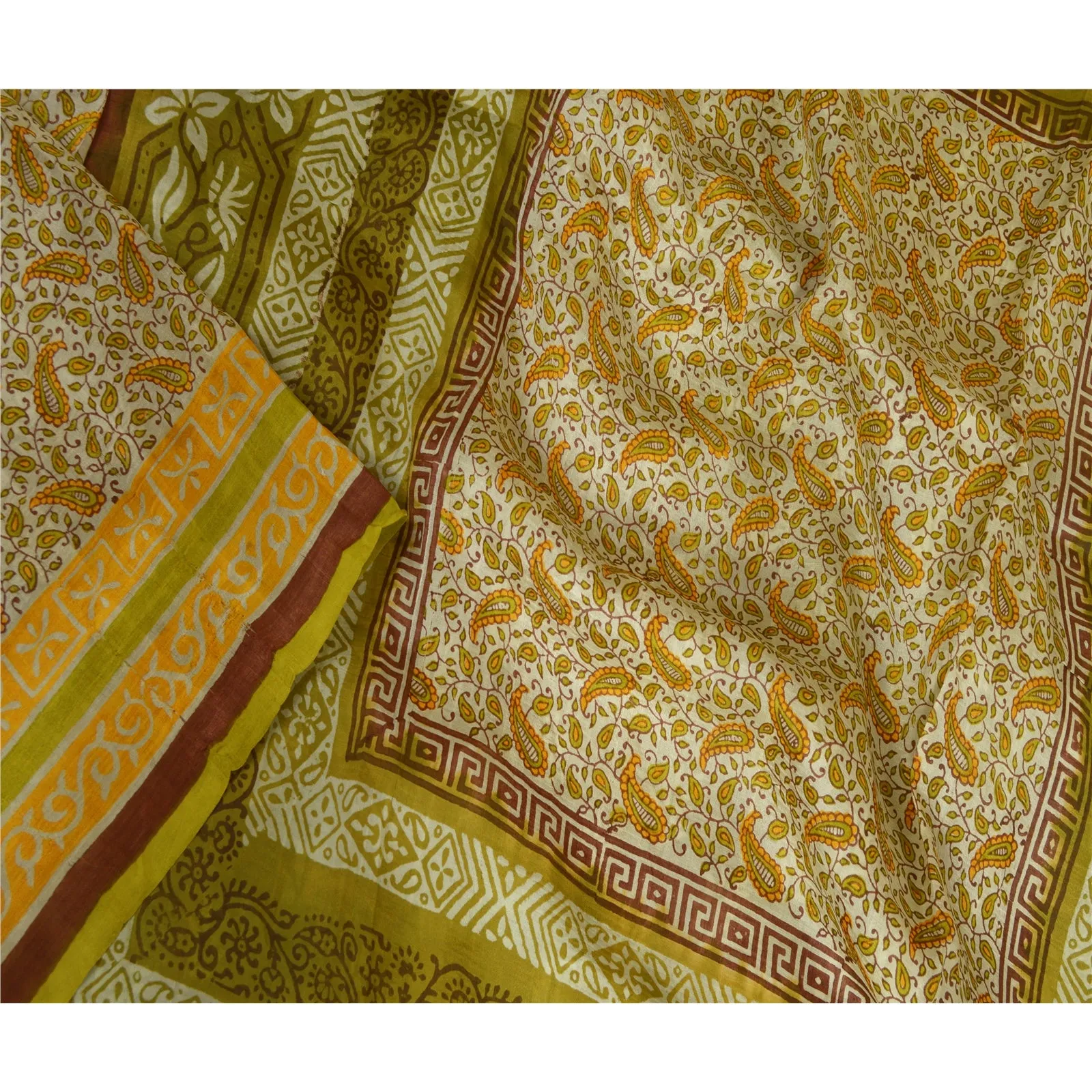 Sanskriti Vintage Sarees Indian Green Block Printed Pure Silk Sari Craft Fabric