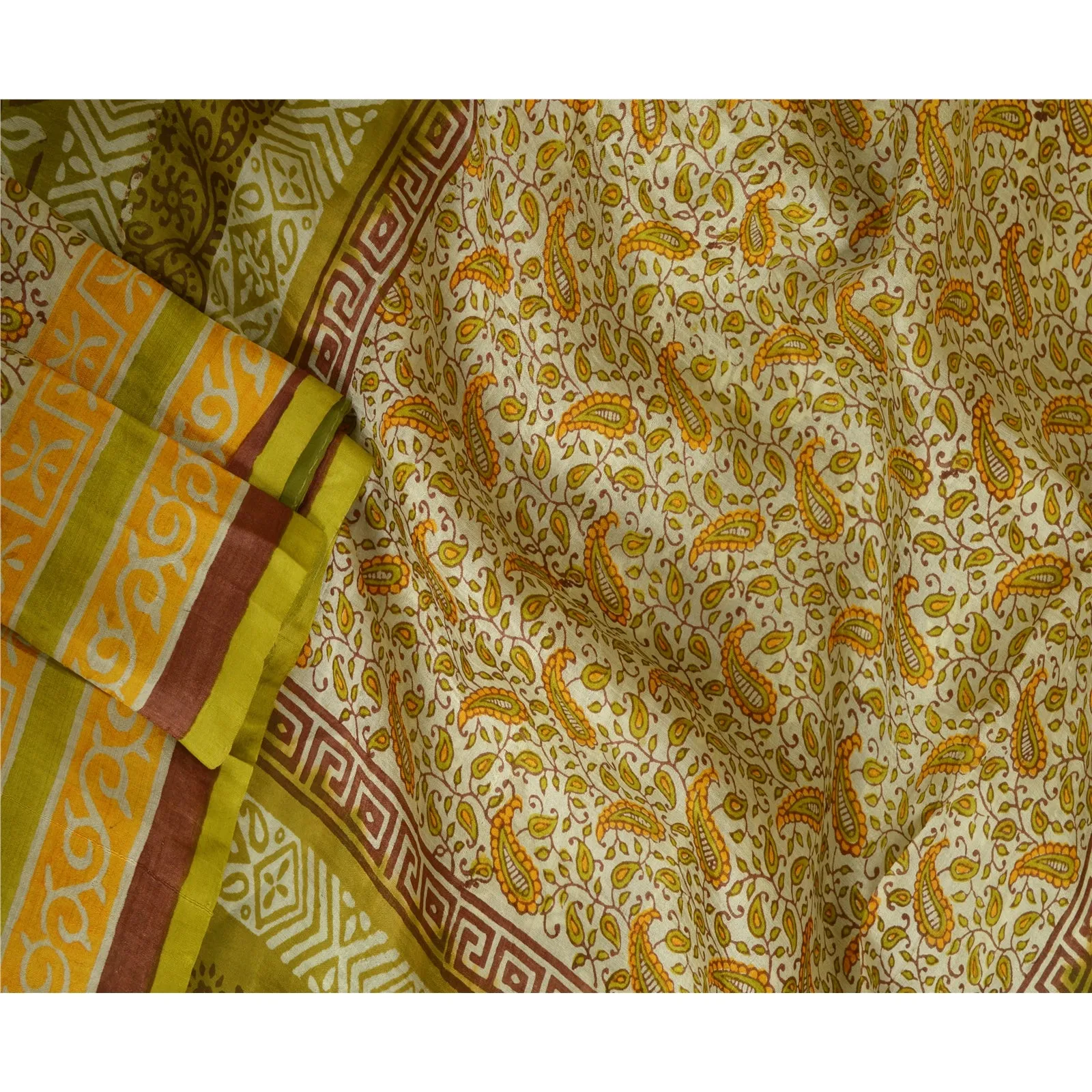 Sanskriti Vintage Sarees Indian Green Block Printed Pure Silk Sari Craft Fabric