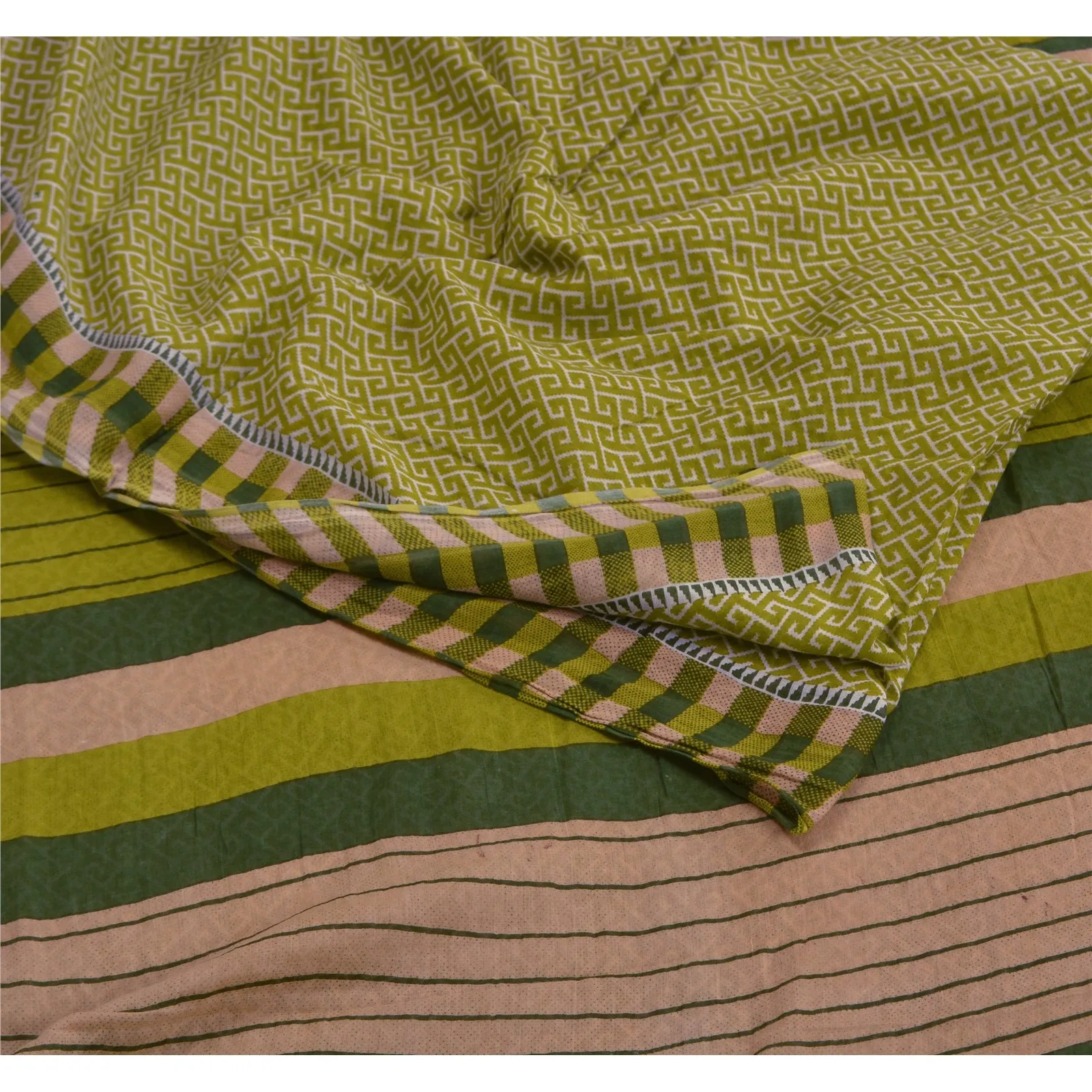 Sanskriti Vintage Sarees Indian Green Pure Cotton Printed Sari 5yd Craft Fabric