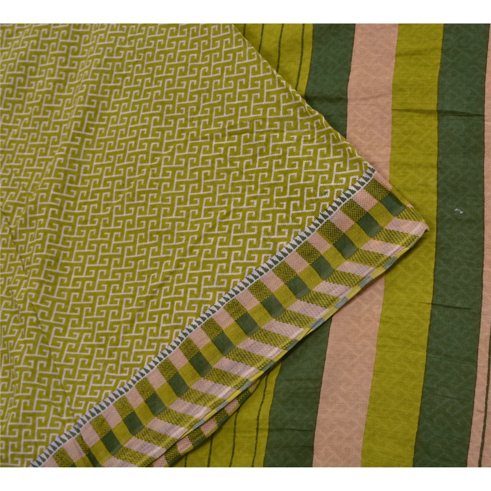 Sanskriti Vintage Sarees Indian Green Pure Cotton Printed Sari 5yd Craft Fabric