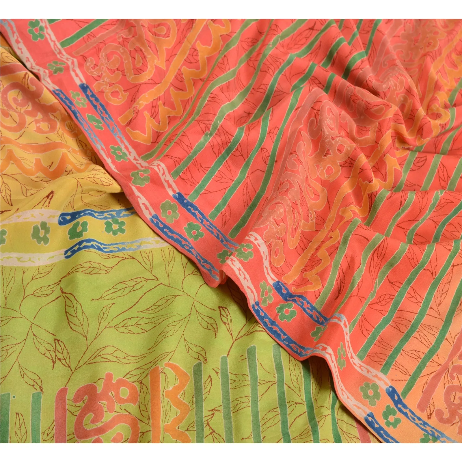 Sanskriti Vintage Sarees Indian Multi Printed Pure Crepe Silk Sari Craft Fabric