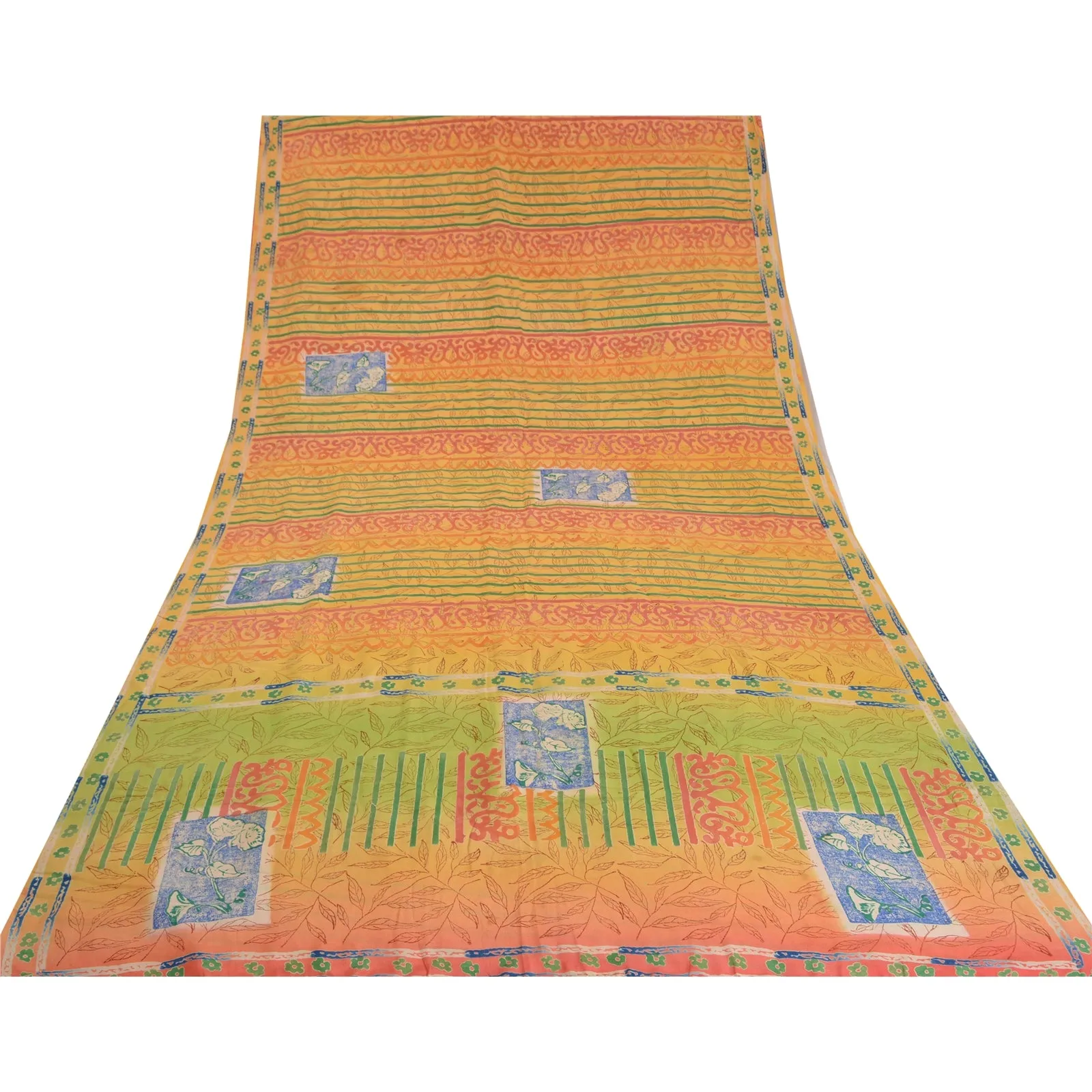 Sanskriti Vintage Sarees Indian Multi Printed Pure Crepe Silk Sari Craft Fabric