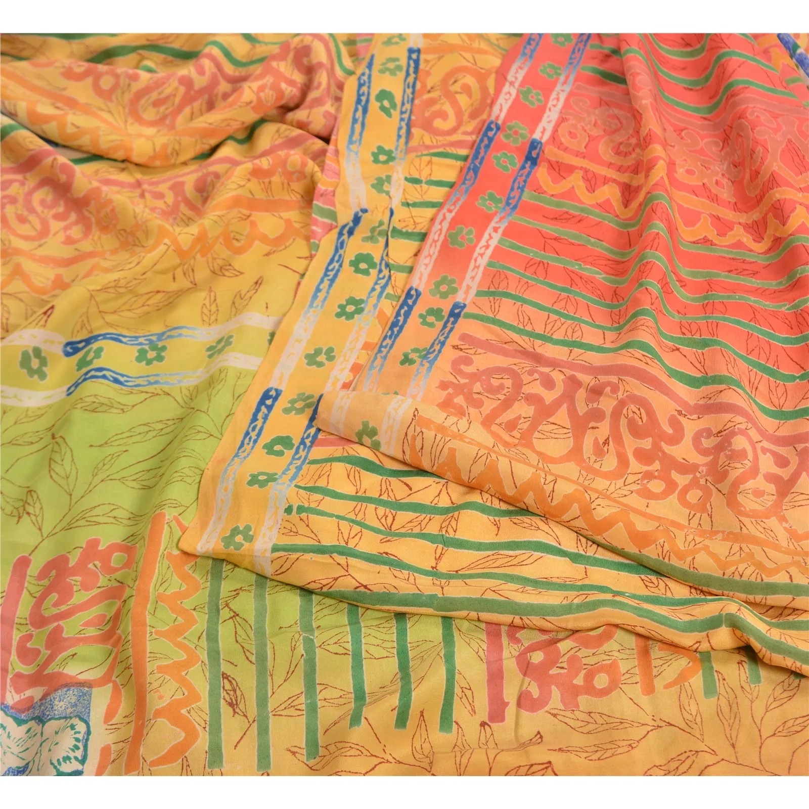 Sanskriti Vintage Sarees Indian Multi Printed Pure Crepe Silk Sari Craft Fabric